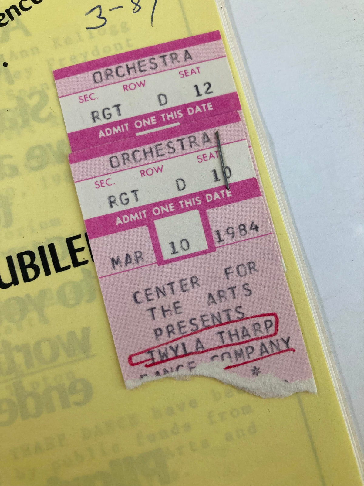 Ticket from the 1984 Program Montclair State College Center for the Arts Presents Twyla Tharp, detailing orchestra seating and admission for March 10, 1984.
