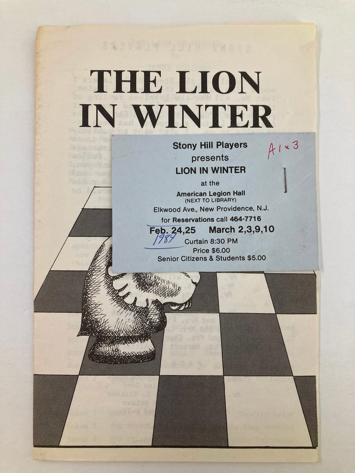 1984 Program Stony Hill Players featuring the play 'Lion in Winter' with ticket stapled on the front, designed for a performance at American Legion Hall, New Providence, NJ.