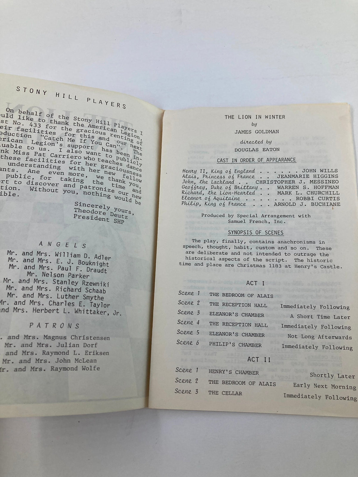 Inside view of the 1984 Program for Stony Hill Players' performance of 'Lion in Winter', listing cast and synopsis, directed by James Goldman.