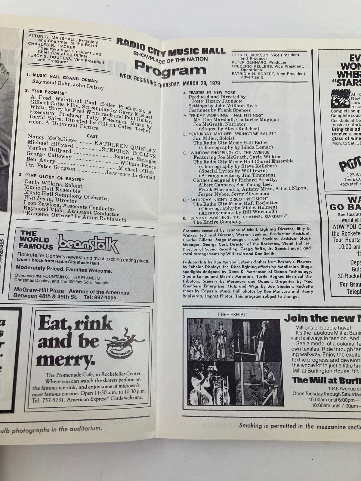 Inside page of the 1979 Program Radio City Music Hall listing the performances including Kathleen Quinlan, a snapshot of vintage theatrical experience.