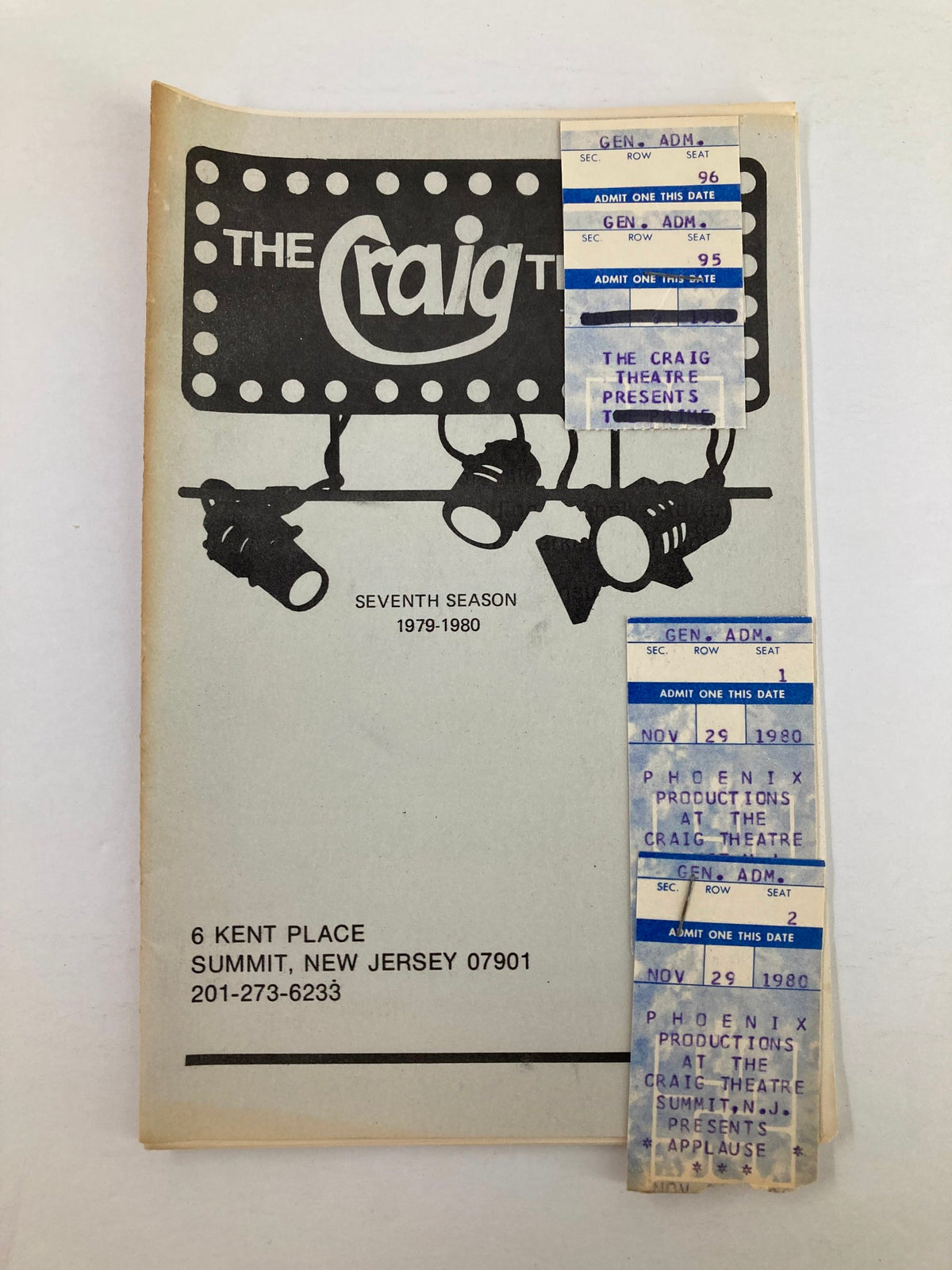 1979 Program for The Craig Theatre featuring Candace Johnson and Irma Zehr in Gypsy, showcasing ticket stubs attached and details about the theatre's seventh season.