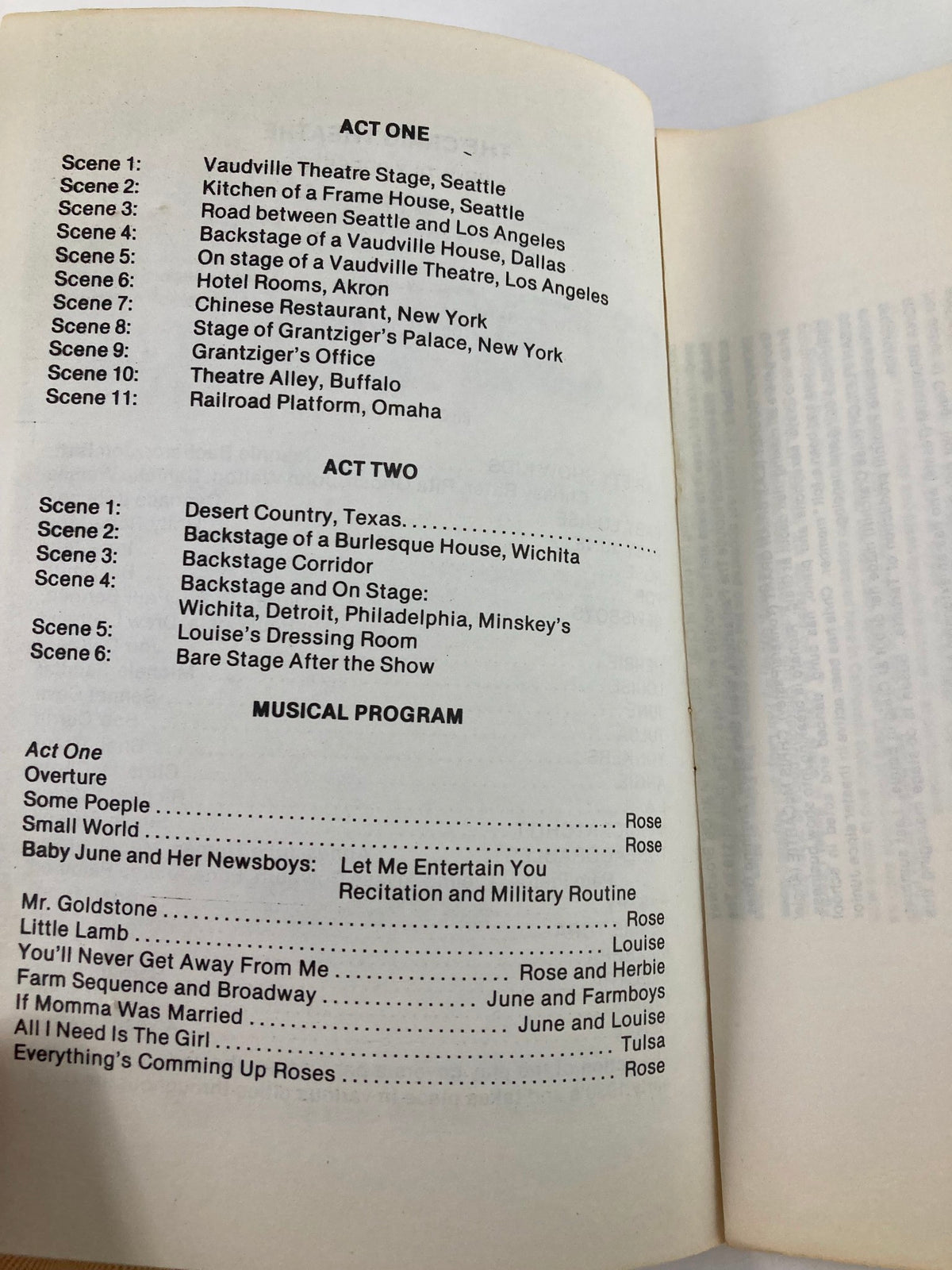 Second interior page of the 1979 Program from The Craig Theatre, outlining the acts of Gypsy with detailed scene descriptions and the full musical program.