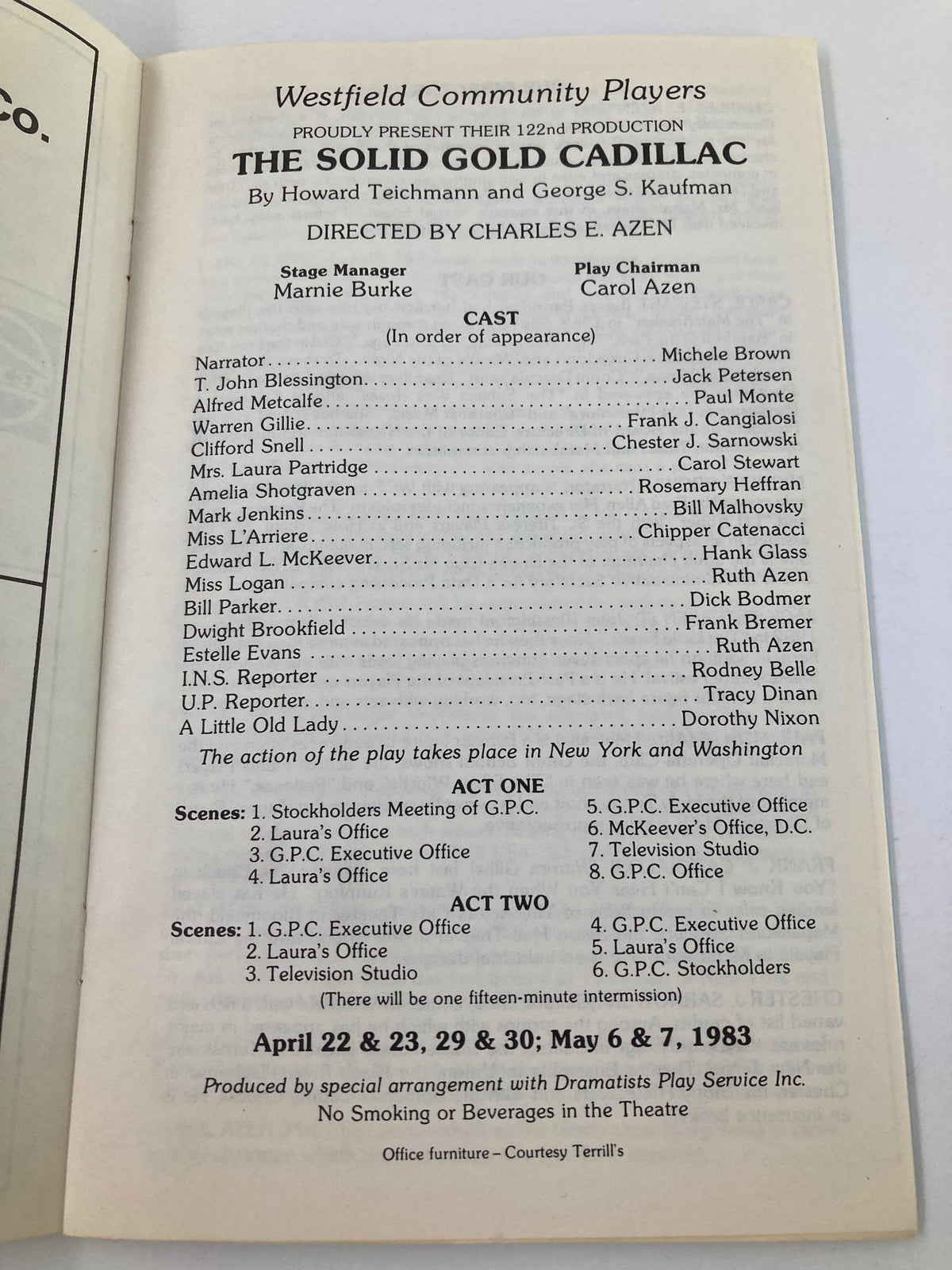 Interior page of the 1983 program for 'The Solid Gold Cadillac' featuring the cast list and production details by Westfield Community Players.