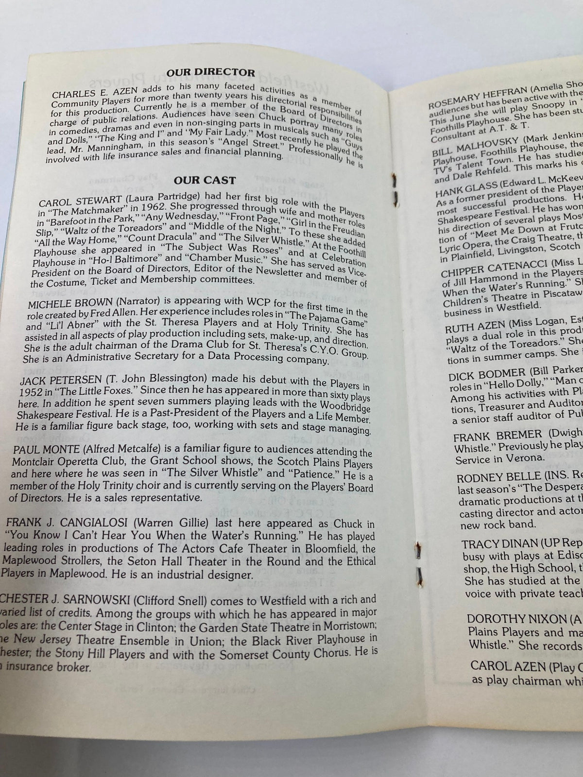 Additional interior page of the 1983 program for 'The Solid Gold Cadillac' which includes director and cast information from Westfield Community Players.