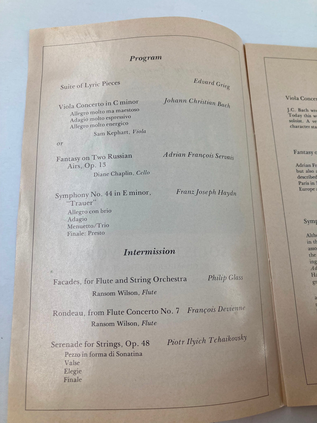 Inside pages of the 1984 Program for the Community Concert Association, displaying the concert program, including pieces like 'Suite of Lyric Pieces' by Edward Grieg and 'Fantasy on Two Russian Airs'.