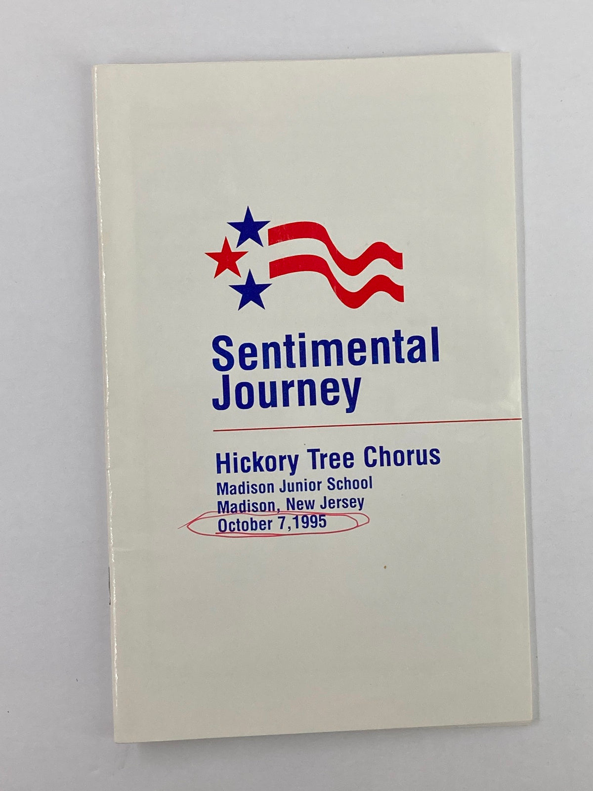 1995 Program Sentimental Journey Present Hickory Tree Chorus cover showing the event title, date, and location at Madison Junior School, New Jersey.