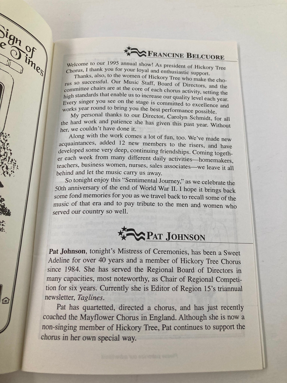 1995 Program Sentimental Journey Present Hickory Tree Chorus page featuring an introduction by Francine Belcuore and information about the show's success and director's vision.