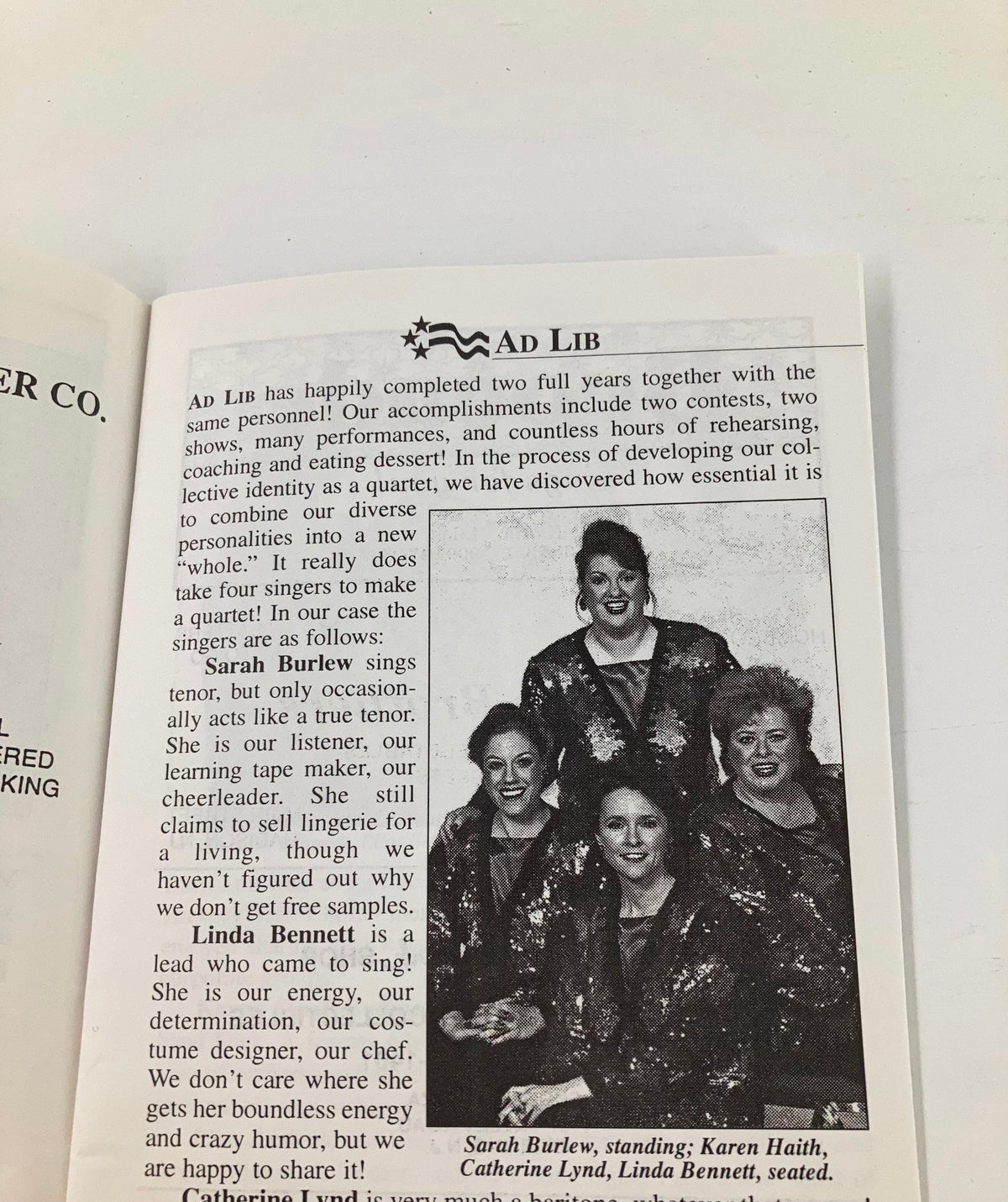 1995 Program Sentimental Journey Present Hickory Tree Chorus page showcasing the Ad Lib ensemble with members' profiles emphasizing their vocal talents and contributions.