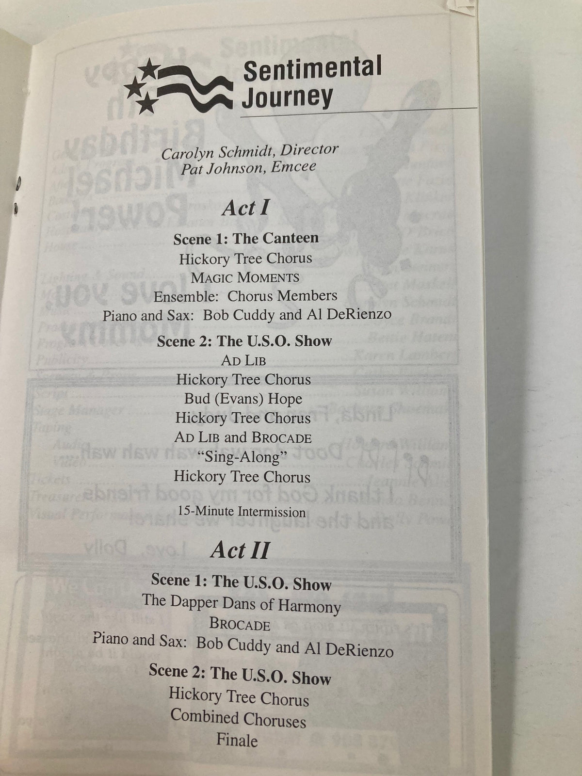 1995 Program Sentimental Journey Present Hickory Tree Chorus program listing detailing the acts including Hickory Tree Chorus performances and the structure of the show.