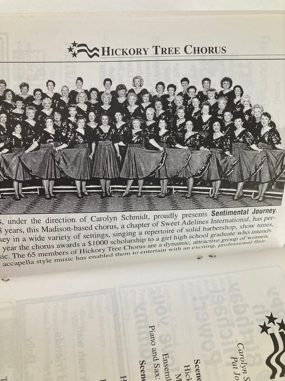 1995 Program Sentimental Journey Present Hickory Tree Chorus featuring a group of singers in matching costumes, showcasing their talent and unity as part of an acapella performance.