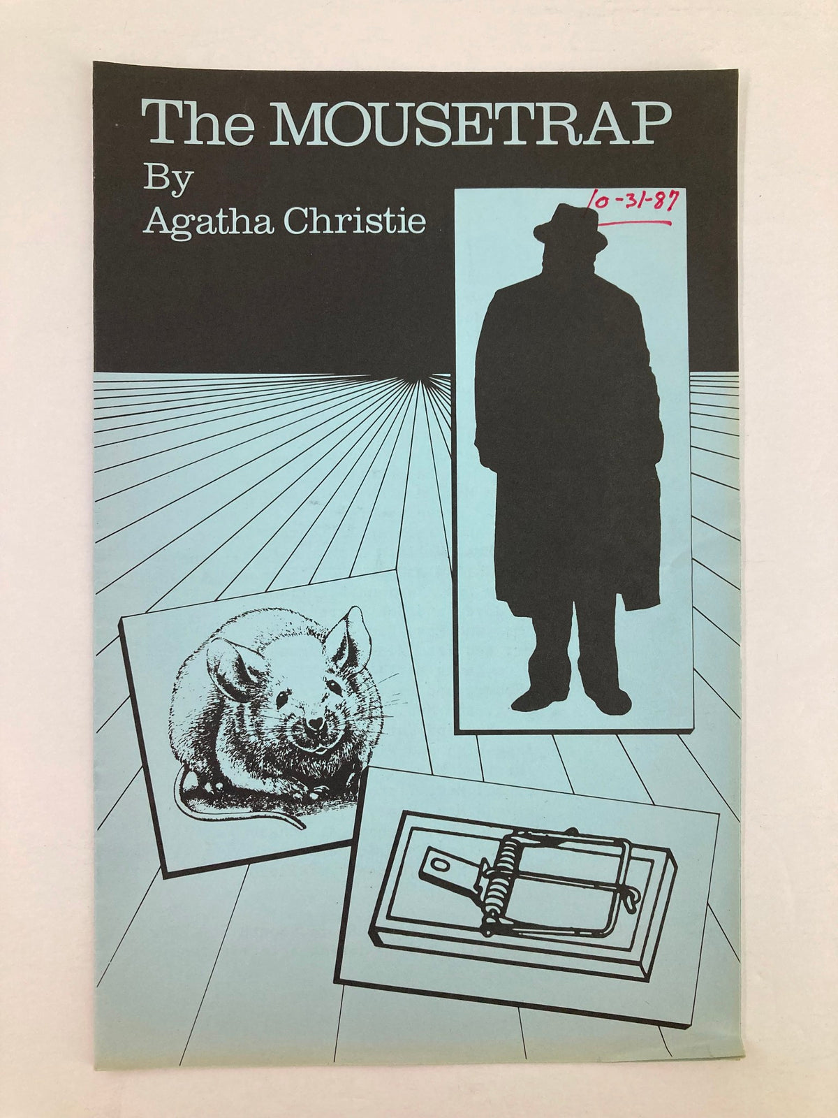 Cover of the 1987 Program for The Mousetrap by Agatha Christie featuring a silhouette of a figure in a hat, a mouse illustration, and a mouse trap graphic.
