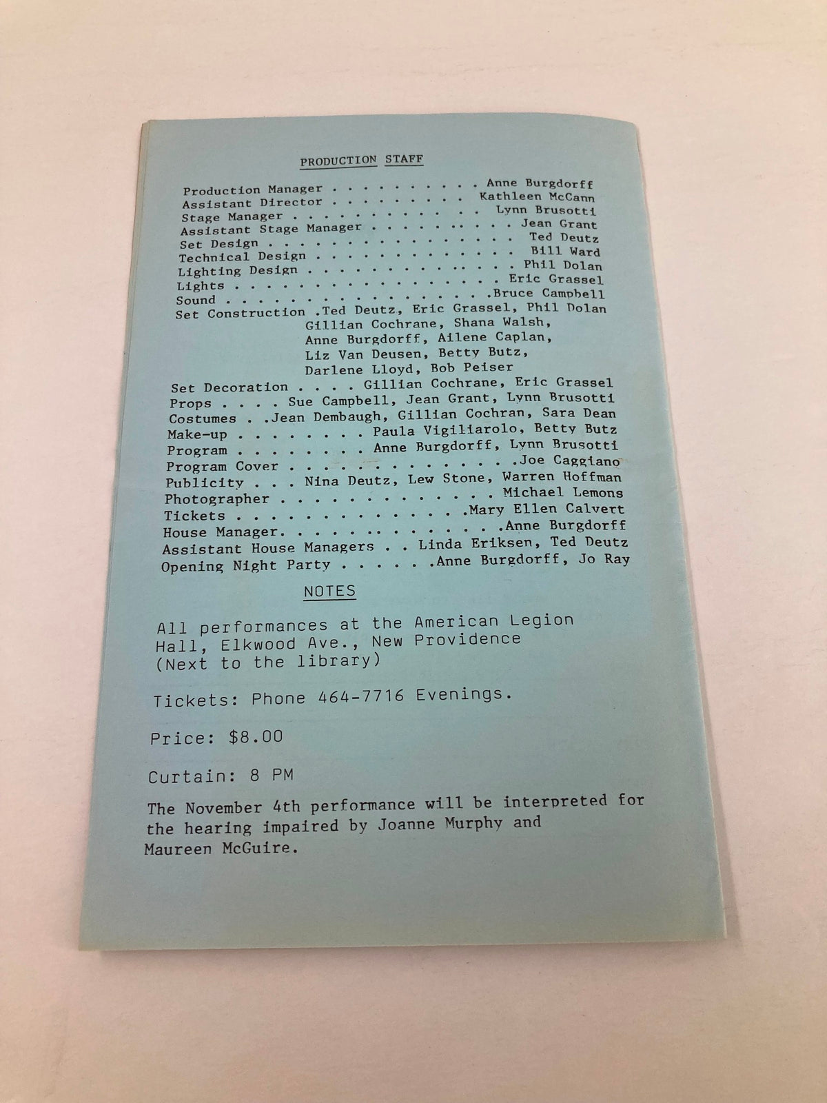 Inside pages of the 1987 program for The Mousetrap by Agatha Christie, listing the production staff and set design information for the performance at the American Legion Hall.