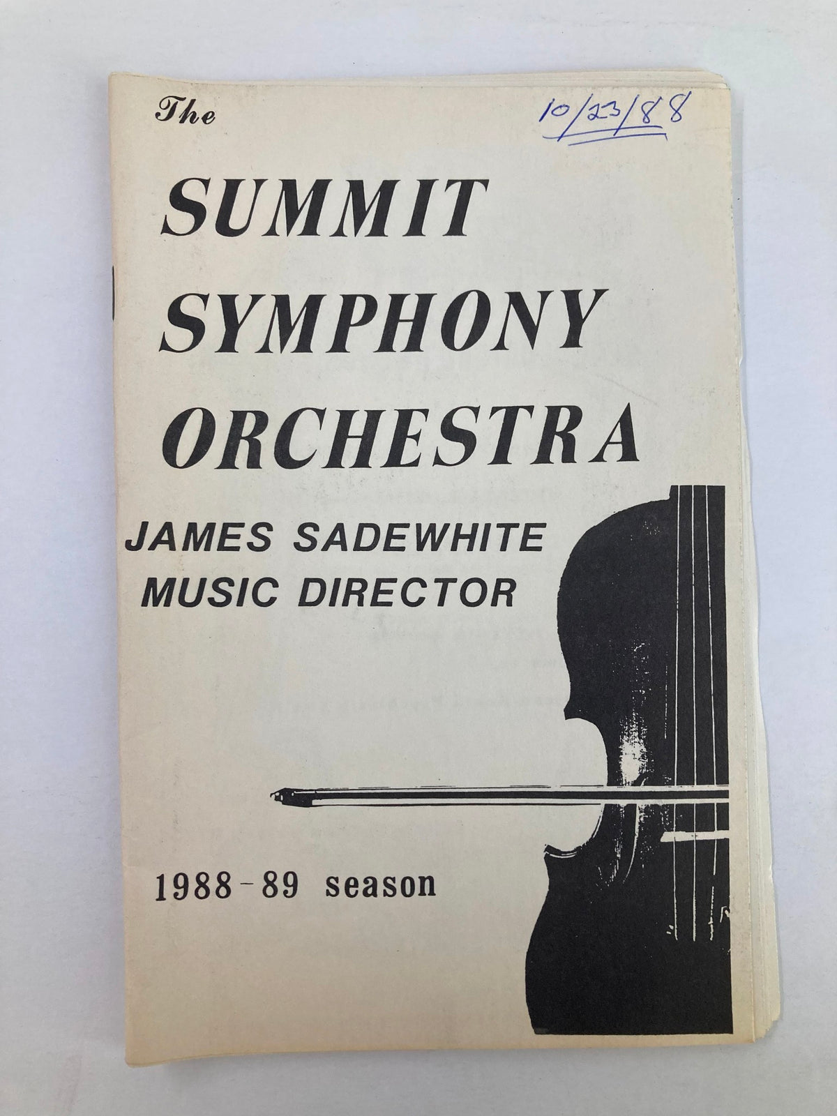 1988 Program for Summit Symphony Orchestra directed by James Sadewhite, featuring an illustration of a violin on the cover, representing the 1988-89 season.