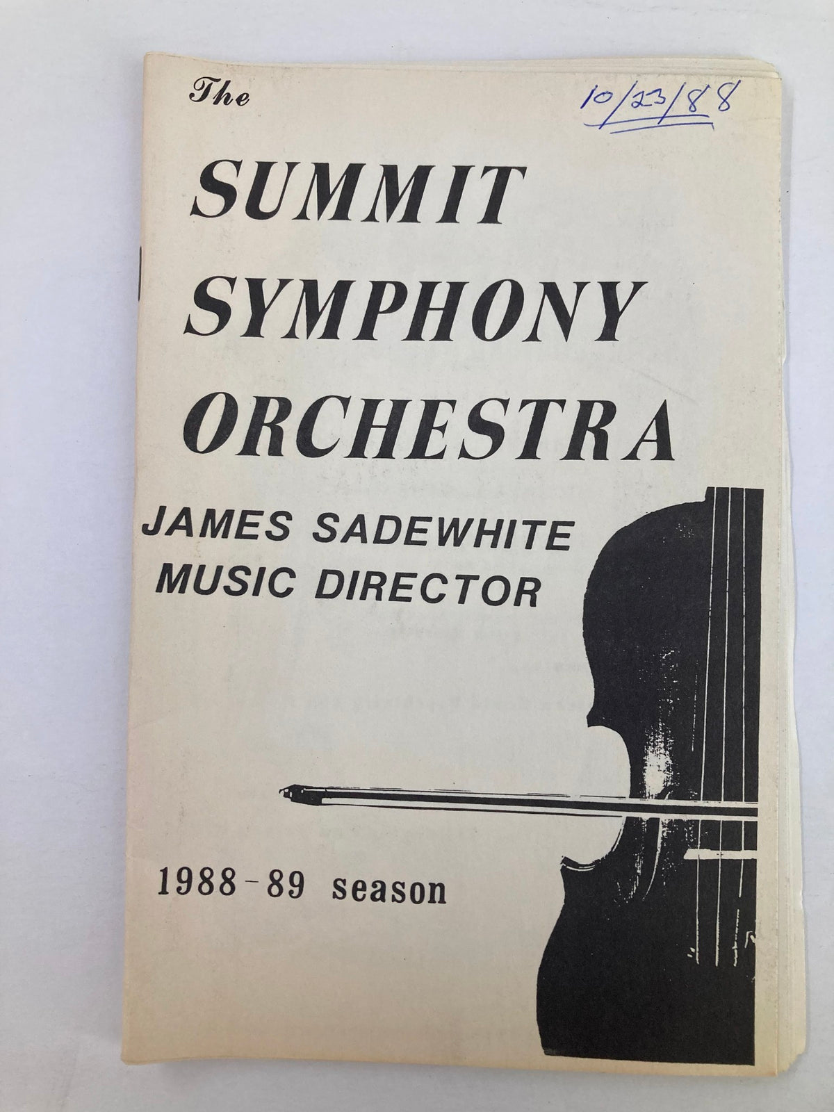 Front cover of the 1988 Program for Summit Symphony Orchestra, directed by James Sadewhite, showcasing a violin illustration and details about the season.