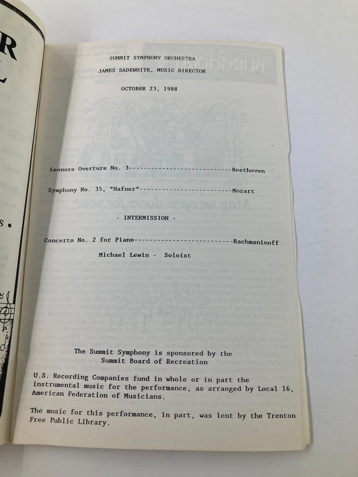 Inside page of the 1988 Program Summit Symphony Orchestra by James Sadewhite featuring the concert details including the Leons Overture No. 3 by Beethoven, Symphony No. 35 'Haffner' by Mozart, and Rachmaninoff's Concerto No. 2 for Piano.