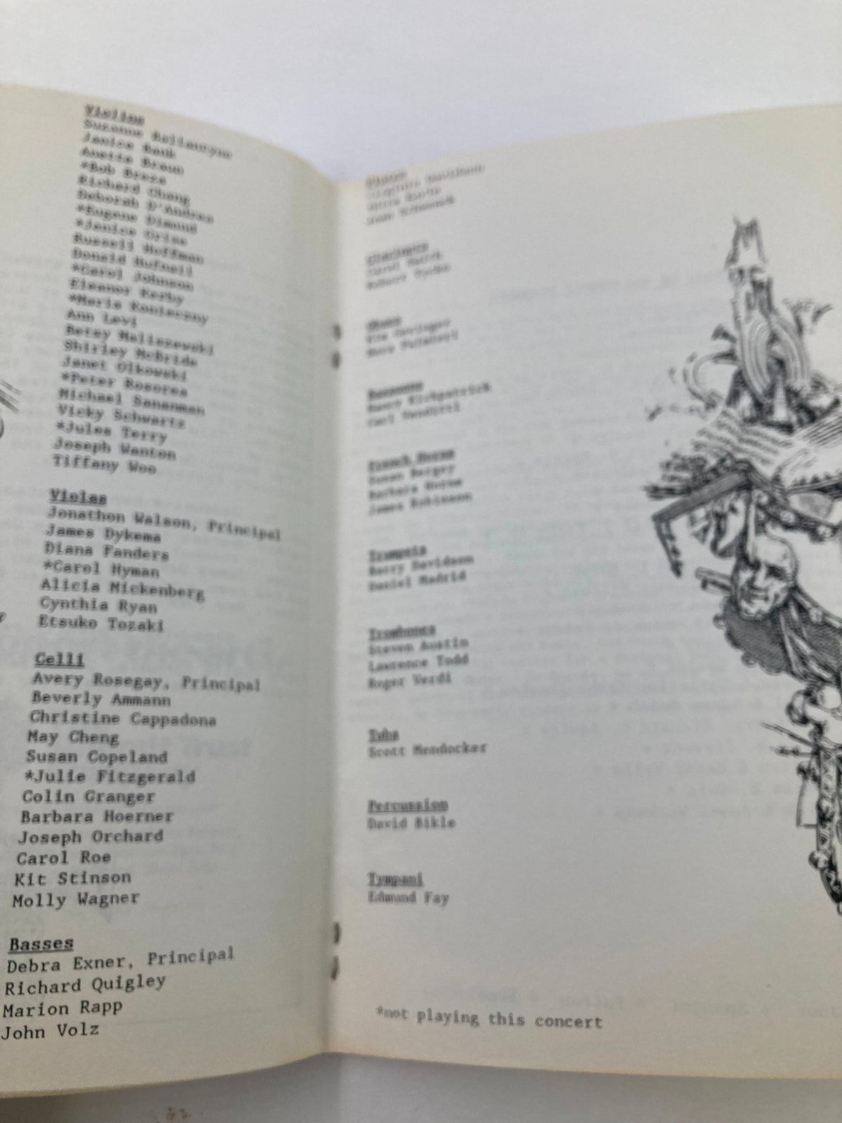 List of musicians featured in the 1988 Program Summit Symphony Orchestra by James Sadewhite, showcasing the Principal players and the members of various sections including violins, cellos, and basses.