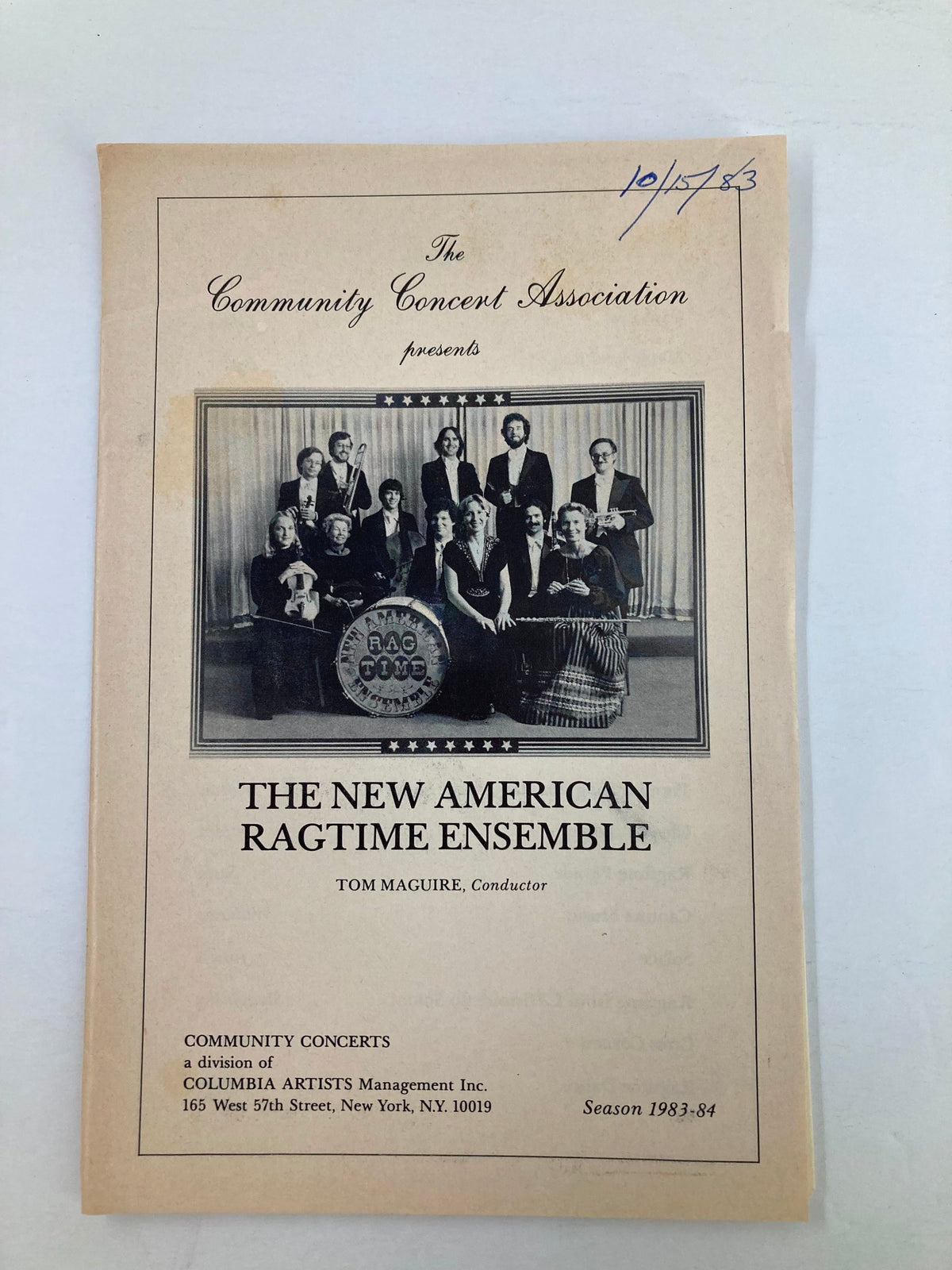 1983 Program for the Community Concert Association featuring The New American Ragtime Ensemble, with conductor Tom Maguire, showcasing a group photo of the ensemble.