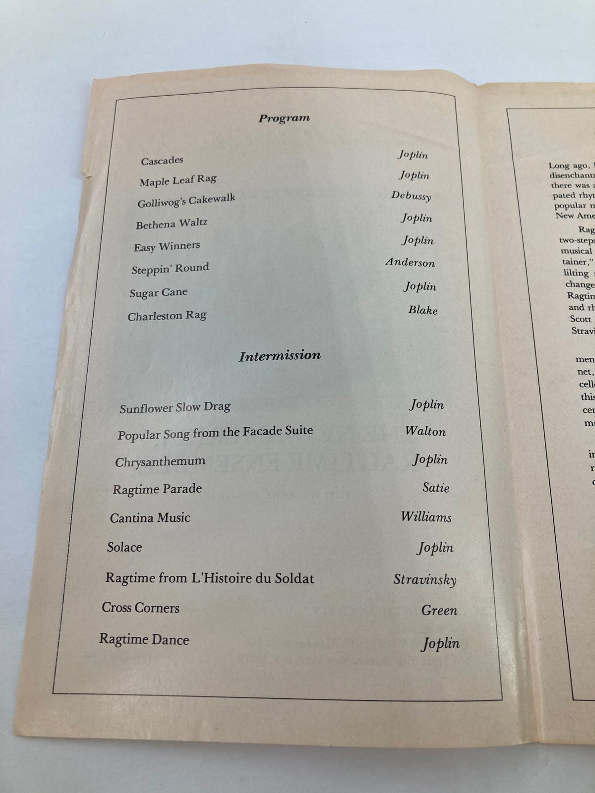 Interior page of the 1983 Program for the Community Concert Association featuring The New American Ragtime Ensemble, listing the musical program and intermission performances.