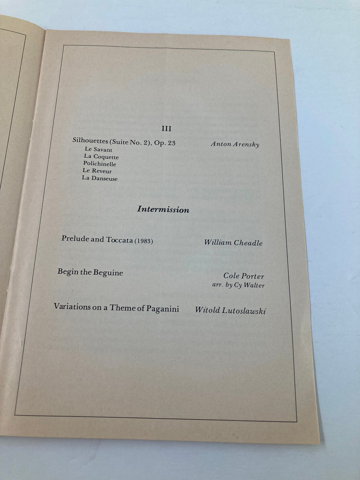 1983 Program Community Concert Association listing composers Anton Arensky and William Cheadle, including intermission details.