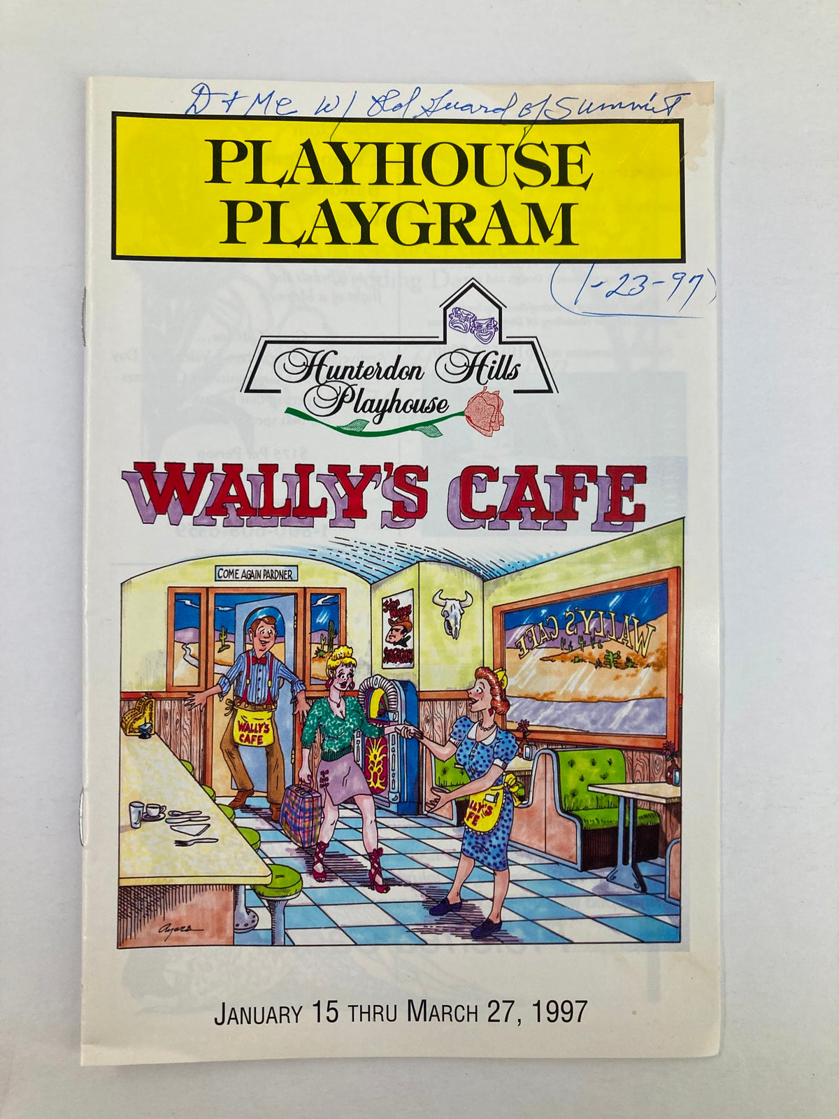 1997 Program Playhouse Program titled 'Wally's Cafe' featuring colorful artwork from Hunterdon Hills Playhouse, with the date January 15 thru March 27, 1997.