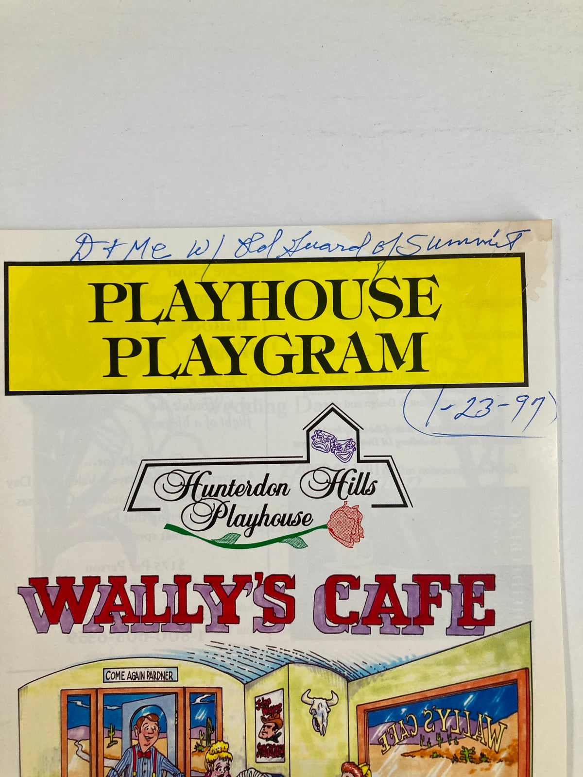 Close-up of the 1997 Program Playhouse Program titled 'Wally's Cafe' showing the header with Hunterdon Hills Playhouse and handwritten date 2-23-97.