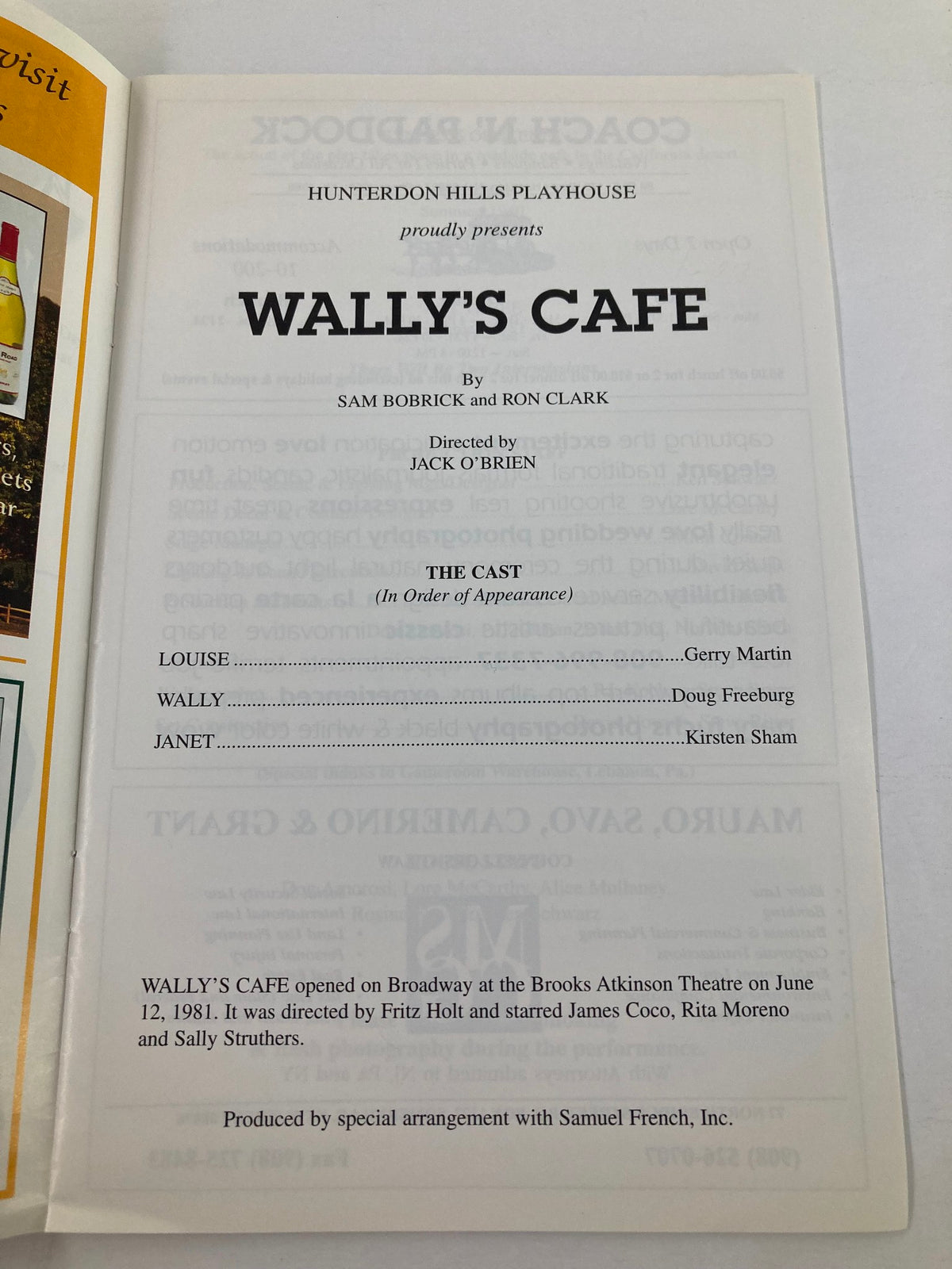 Inside page of the 1997 Playhouse Program titled 'Wally's Cafe' listing cast members including Gerry Martin and Doug Freeburg, directed by Jack O'Brien.