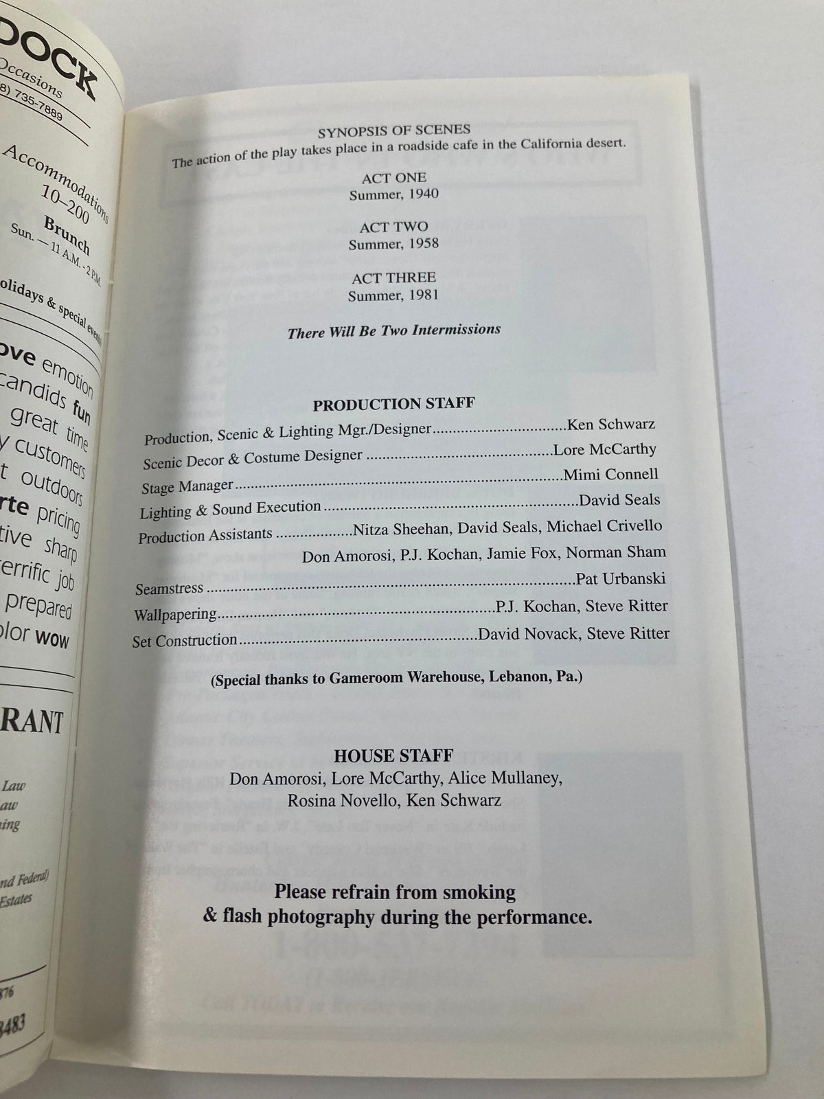 Another inside page of the 1997 Program Playhouse Program titled 'Wally's Cafe,' featuring the synopsis of scenes and production details, emphasizing theatrical history.