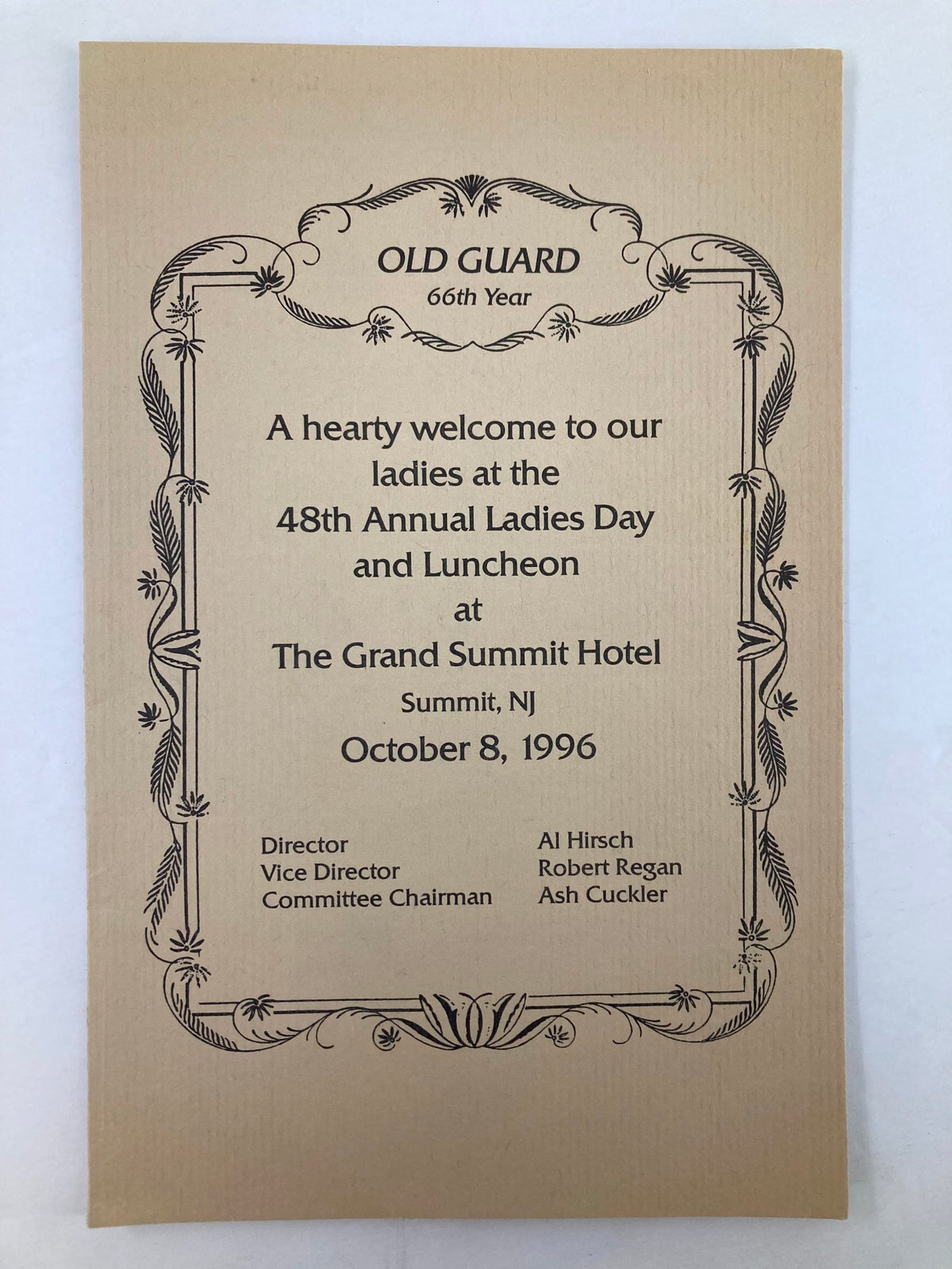 Cover of the 1996 Program The Grand Summit Hotel for the 48th Annual Ladies Day and Luncheon, featuring decorative details and event title.