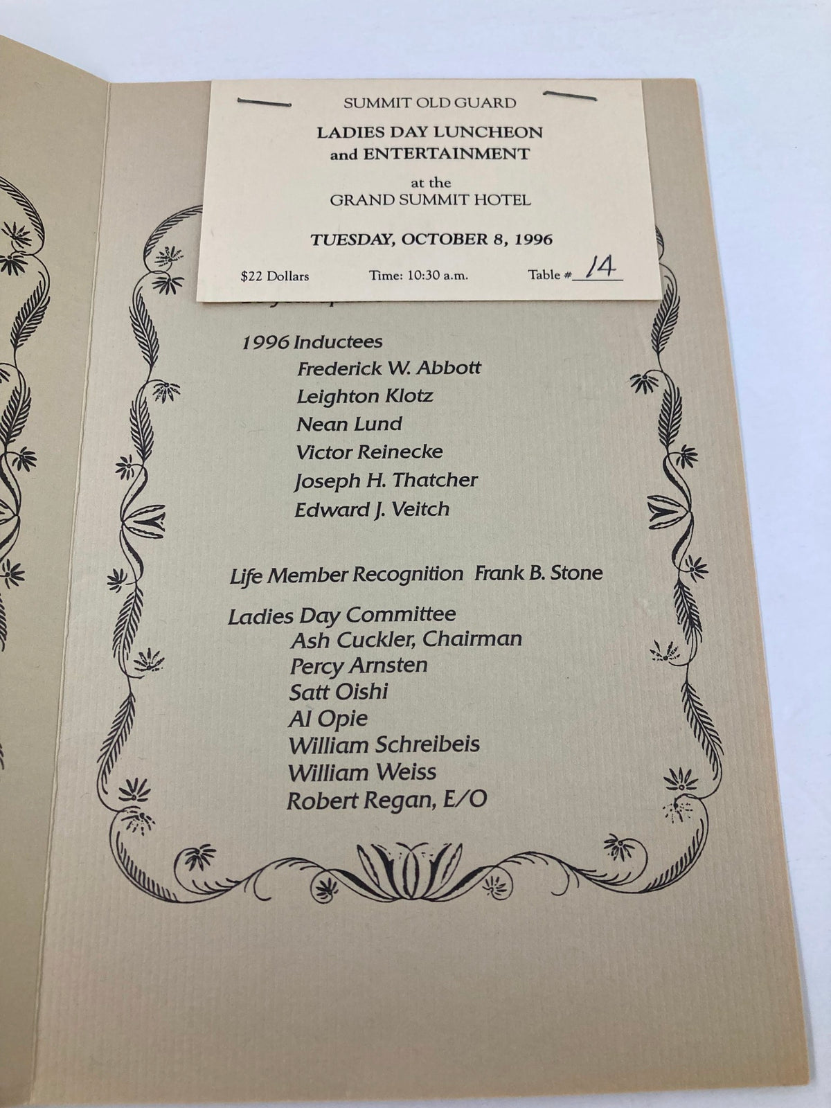 Inside details of the 1996 Program The Grand Summit Hotel for the 48th Annual Ladies Day and Luncheon, listing inductees and committee members.