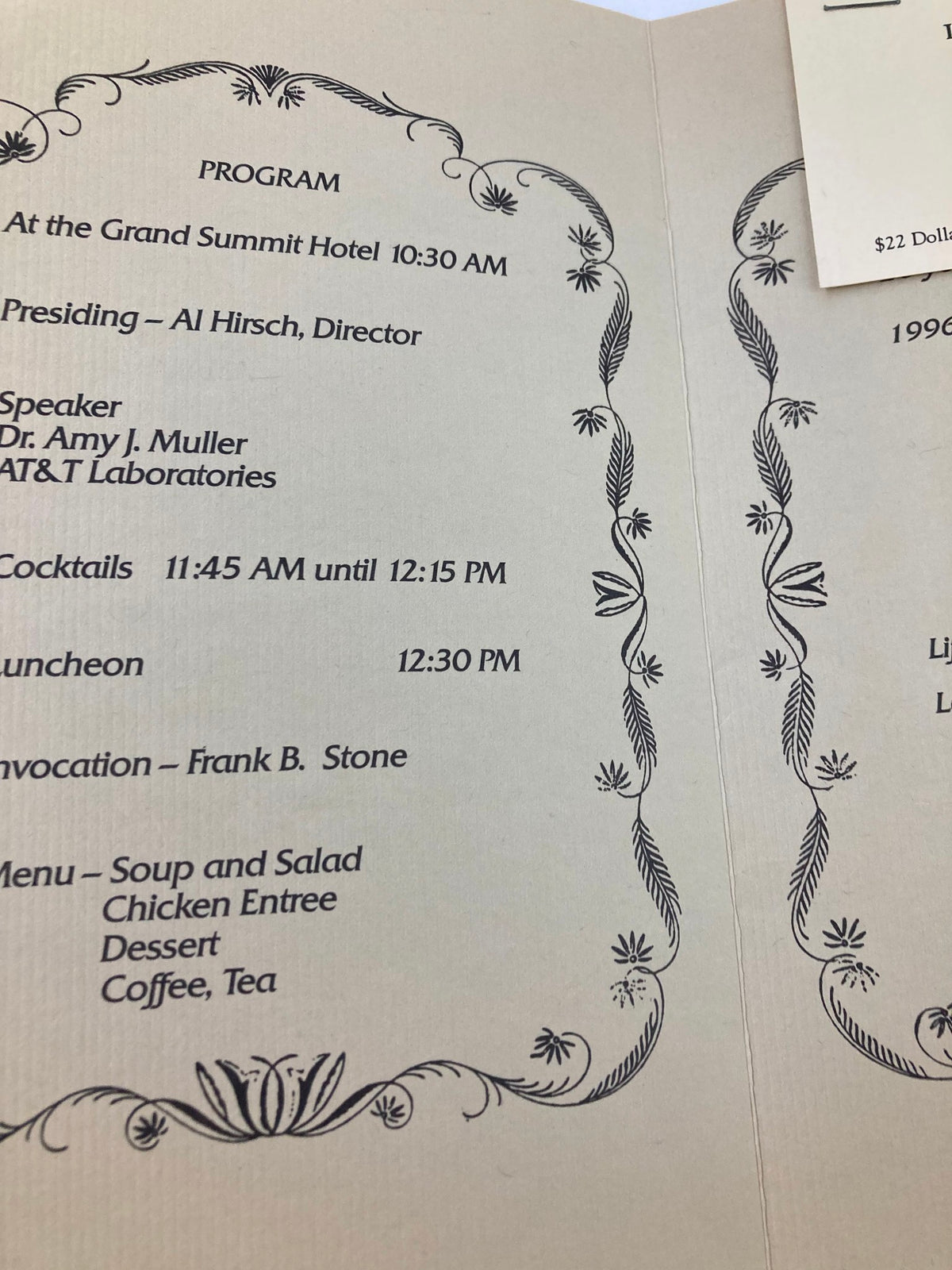Program schedule from the 1996 Program The Grand Summit Hotel for the 48th Annual Ladies Day and Luncheon, including event timings and menu.