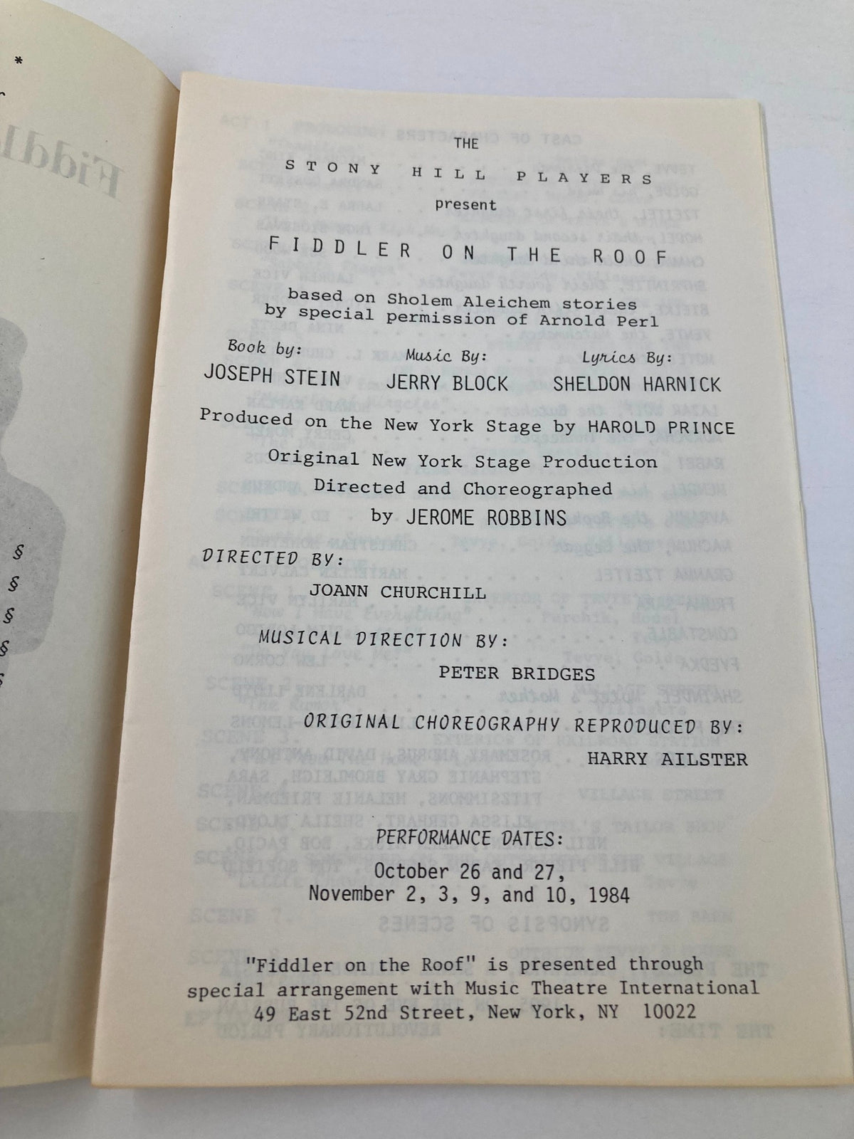 Inside page of the 1984 Stony Hill Players program for 'Fiddler on the Roof' detailing the production credits and performance dates.