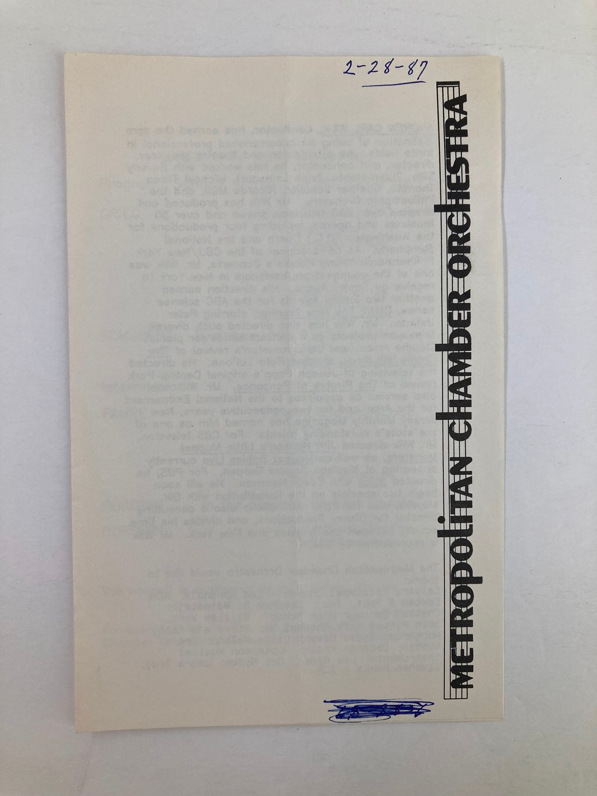 Cover page of the 1987 Program for the Metropolitan Chamber Orchestra conducted by Andrew Carl Wilk, featuring handwritten notes and a date at the top.