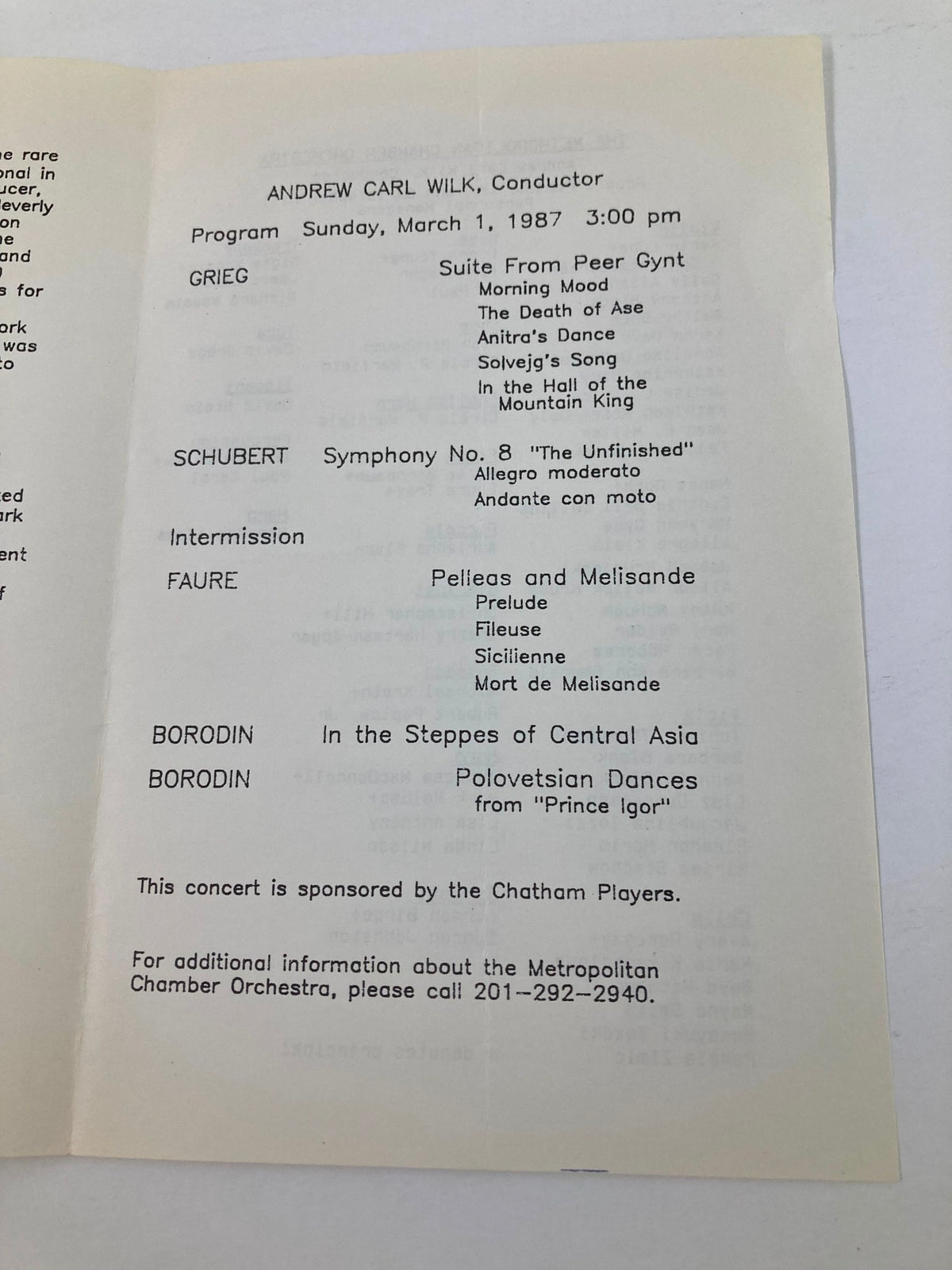 1987 Program for the Metropolitan Chamber Orchestra featuring Conductor Andrew Carl Wilk, including performance pieces by Grieg, Schubert, Ibert, and Borodin.