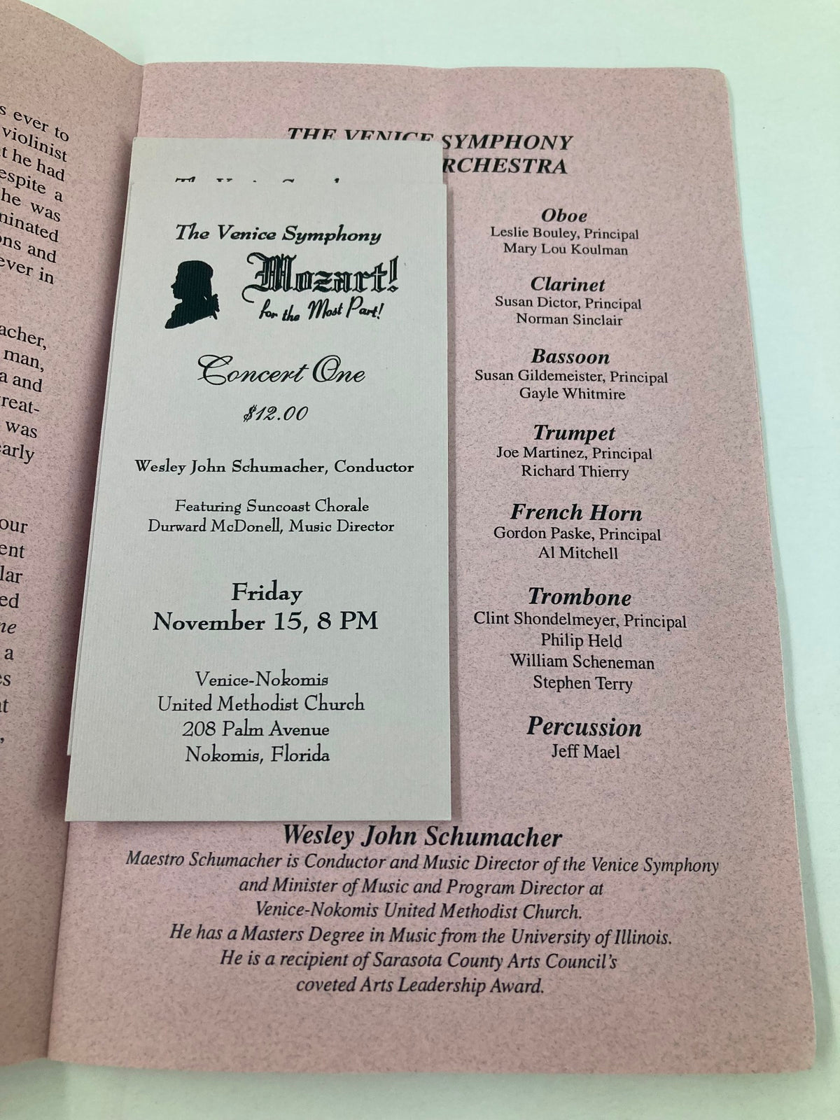 Another page from the 1996 Program for The Venice Symphony, listing concert details for Wesley John Schumacher and featuring the Venice Symphony Orchestra with various musicians.