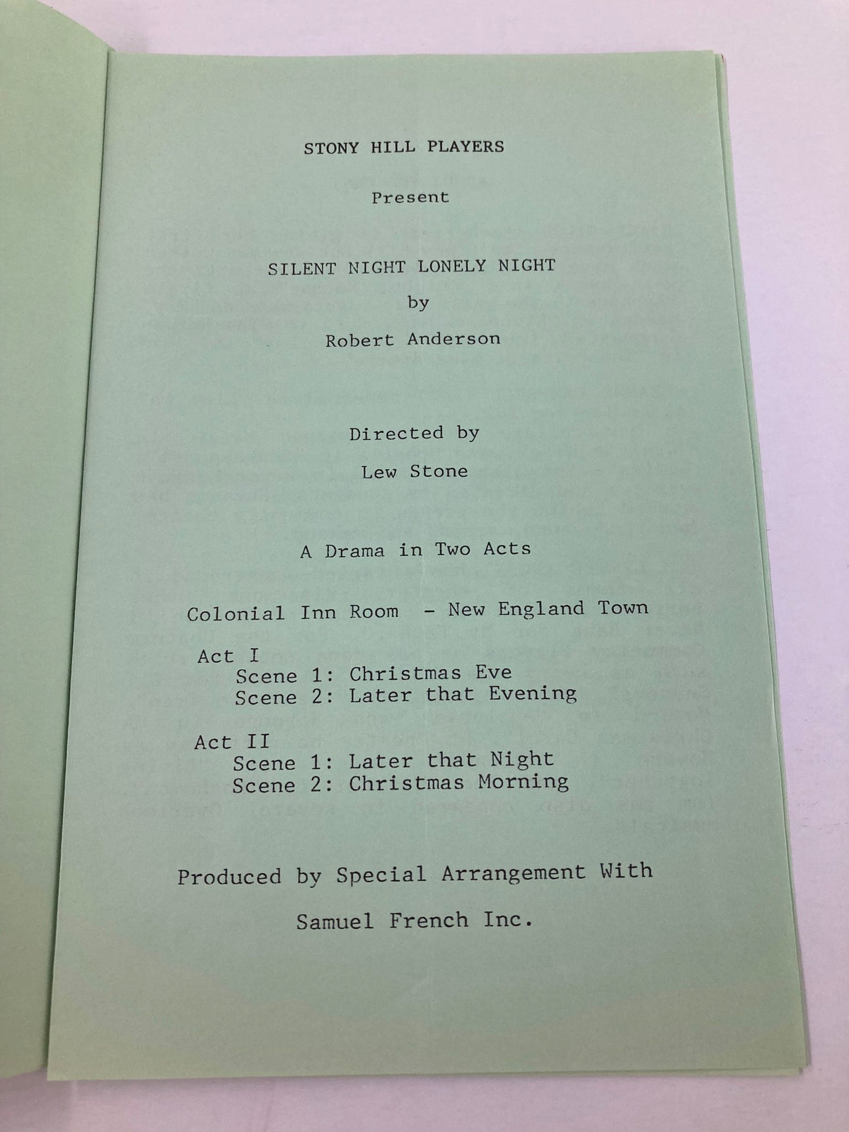 Inside page of the 1987 program for Stony Hill Players' 'Silent Night, Lonely Night', detailing the play's acts and production information.