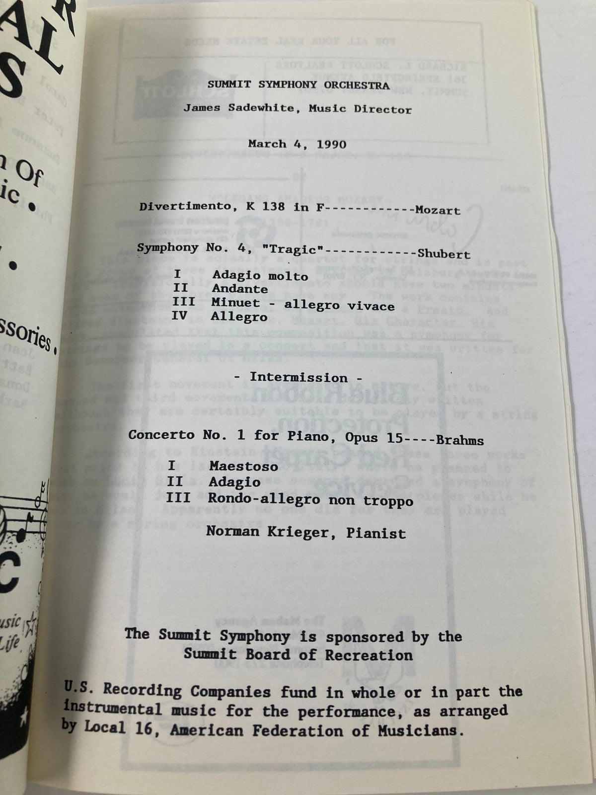 Inside page of the 1990 Program The Summit Symphony Orchestra detailing the concert schedule for March 4, 1990, under the direction of James Sadewhite.