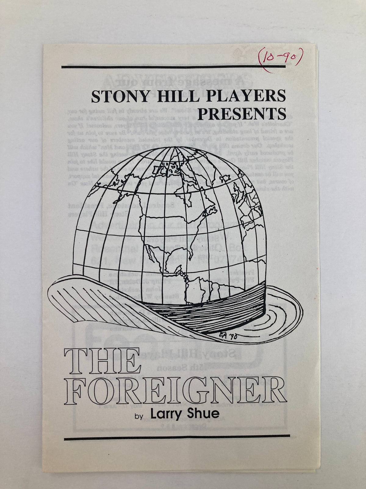 Cover page of the 1990 program for 'The Foreigner' by Larry Shue, presented by Stony Hill Players, featuring a globe illustration on a hat.