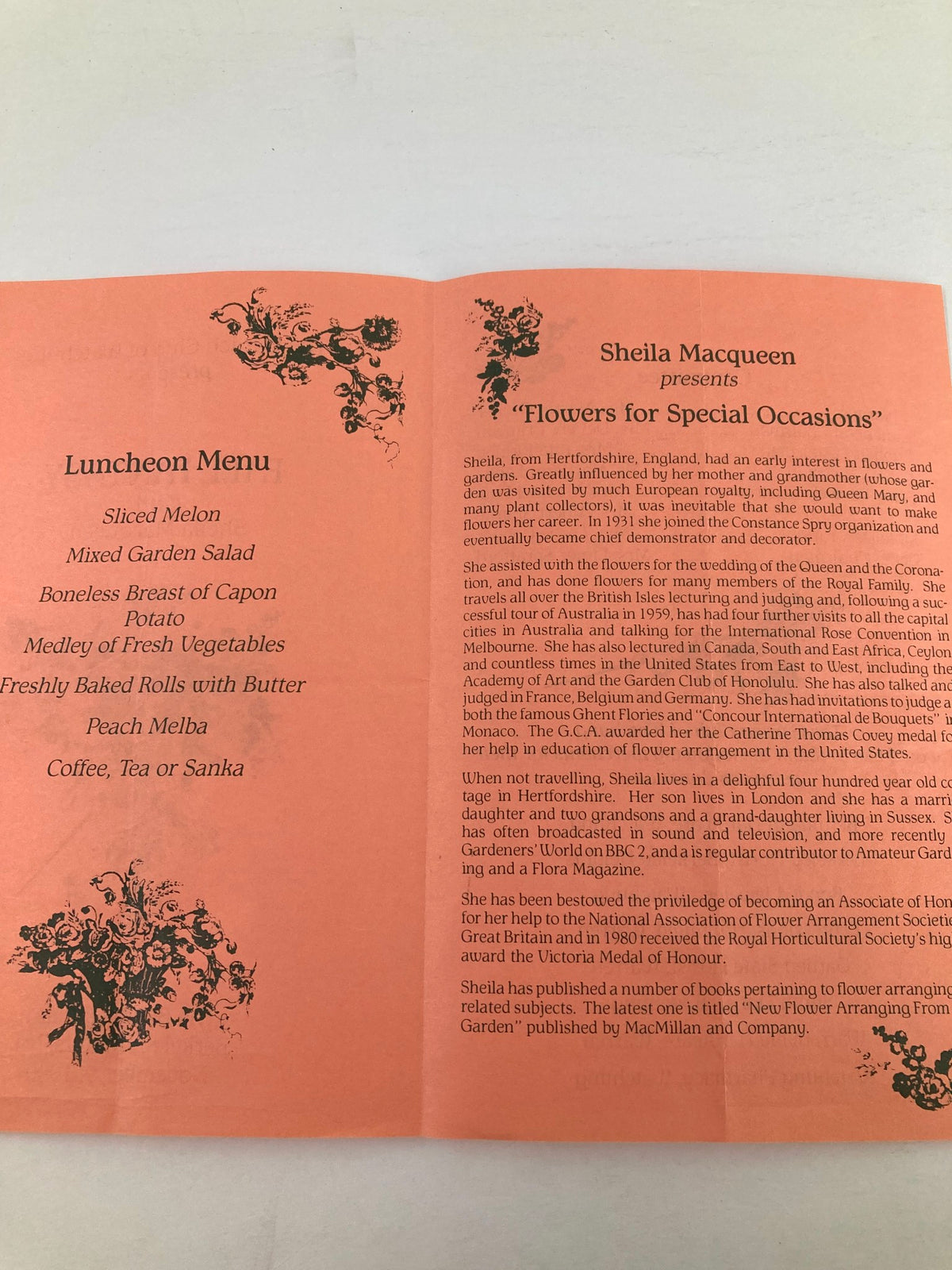 1990 Program The Garden Club of Watchung Fall Fantasy with Sheila Macqueen, showcasing the luncheon menu including sliced melon, mixed garden salad, and coffee.