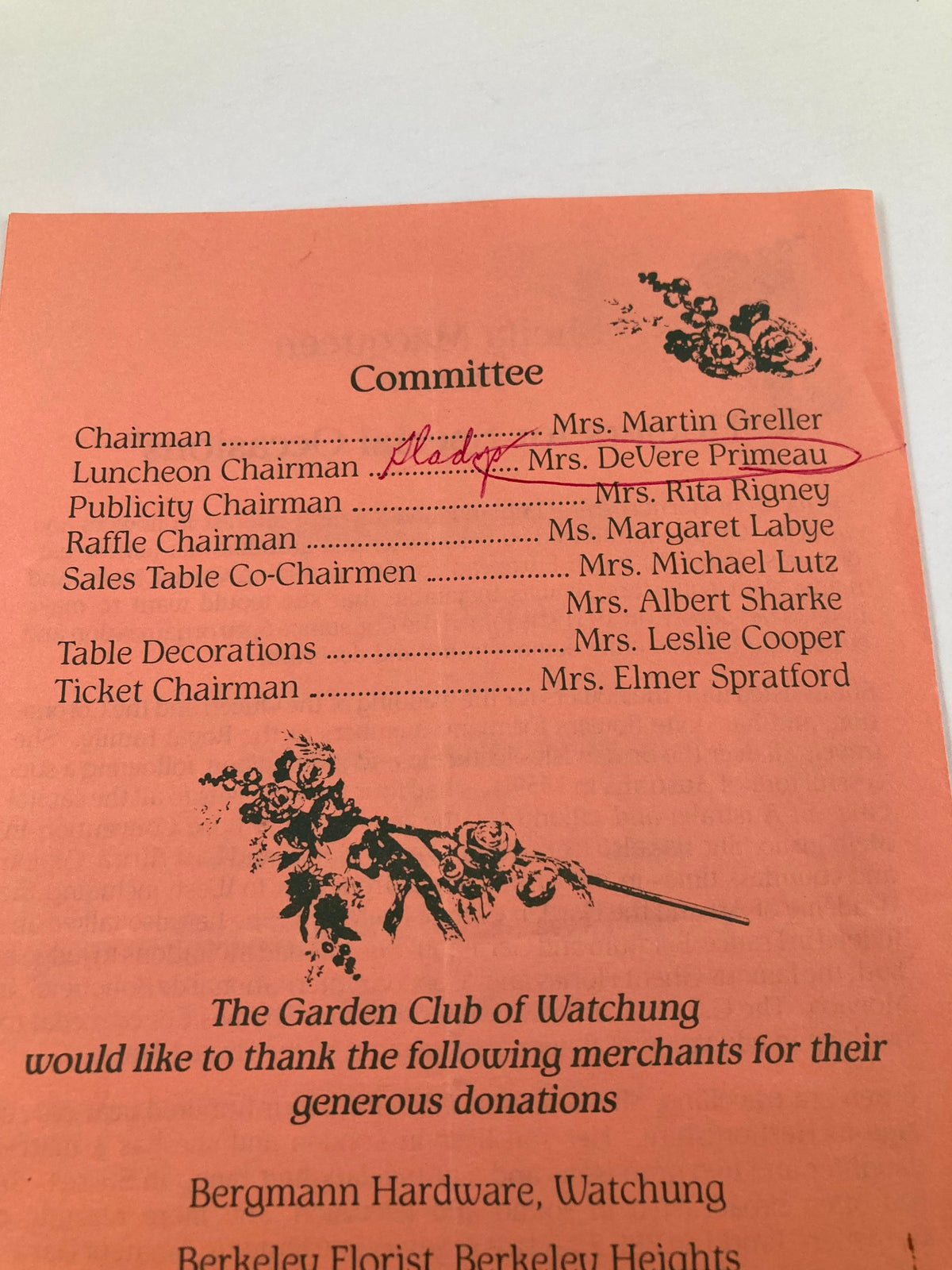 1990 Program The Garden Club of Watchung Fall Fantasy with Sheila Macqueen, listing the committee members responsible for organizing the event.