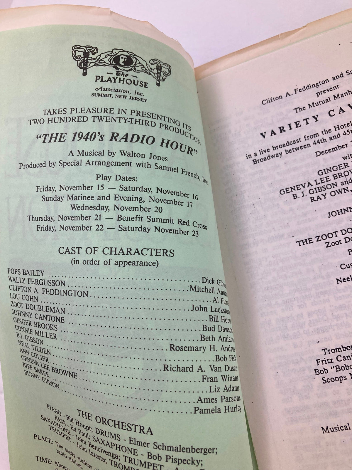 Details of the cast and character list from the 1985 Program for The Playhouse Association's The 1940's Radio Hour, highlighting production elements.