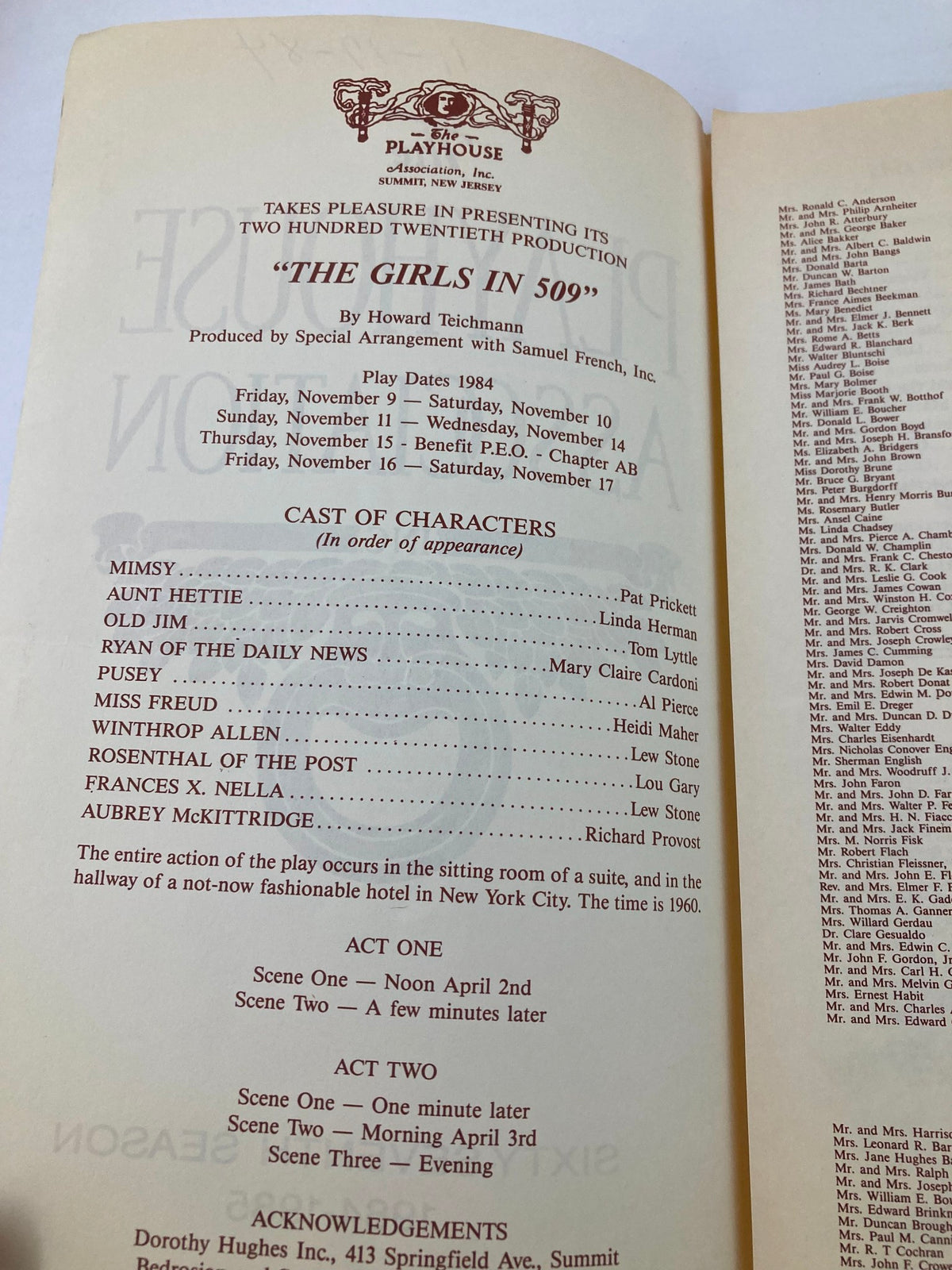 Interior page of the 1984 program for The Girls in 509 by Howard Teichmann, displaying the cast of characters and the production details as part of The Playhouse Association's sixty-seventh season.