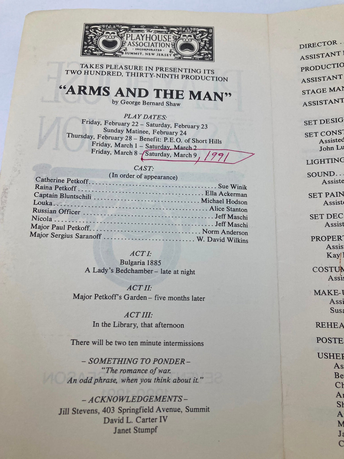 Interior page of the 1991 Program for The Playhouse Association presenting Arms and The Man by George Bernard Shaw, detailing cast and production dates.