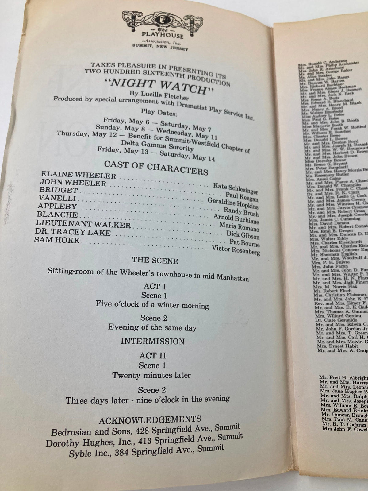 1983 Program The Playhouse Association Night Watch by Lucille Fletcher featuring the cast list and scene descriptions from the theatrical production.