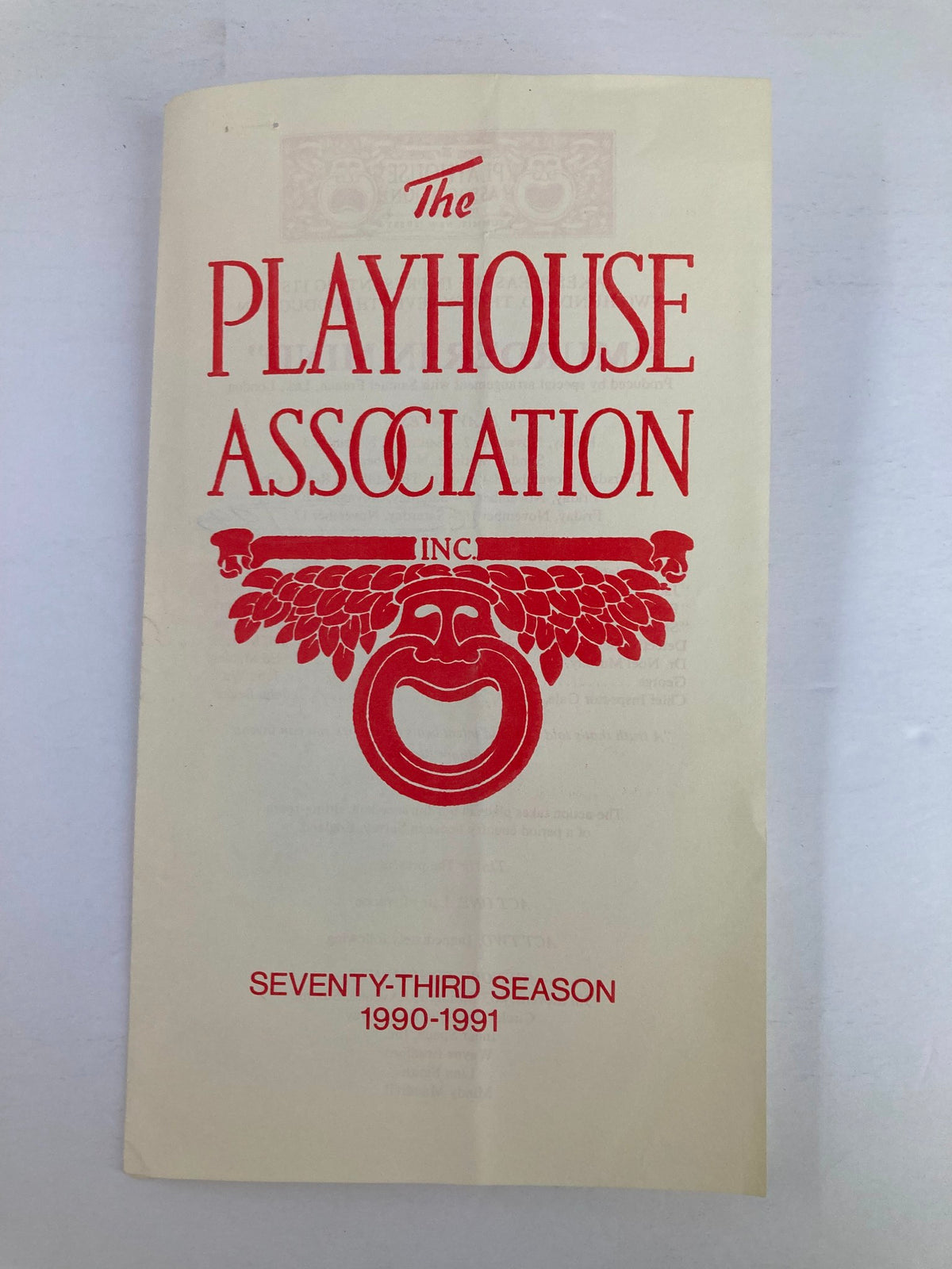 Cover of the 1990 program for The Playhouse Association featuring the title 'Murder in Mind' by Samuel French, showcasing a red illustration and the text 'The Playhouse Association, Inc. Seventy-Third Season 1990-1991'.