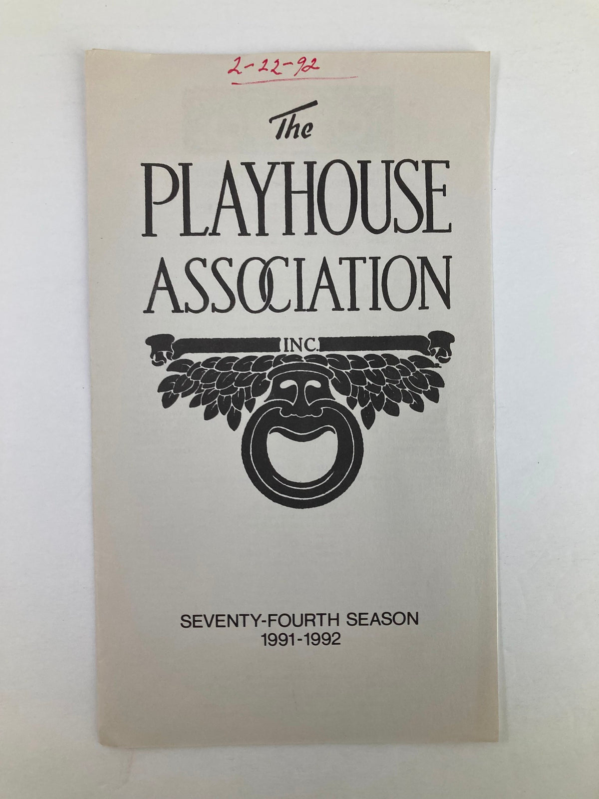 Cover of the 1992 program for The Playhouse Association featuring Summer and Smoke by Tennessee Williams, showcasing the logo and seasonal details.