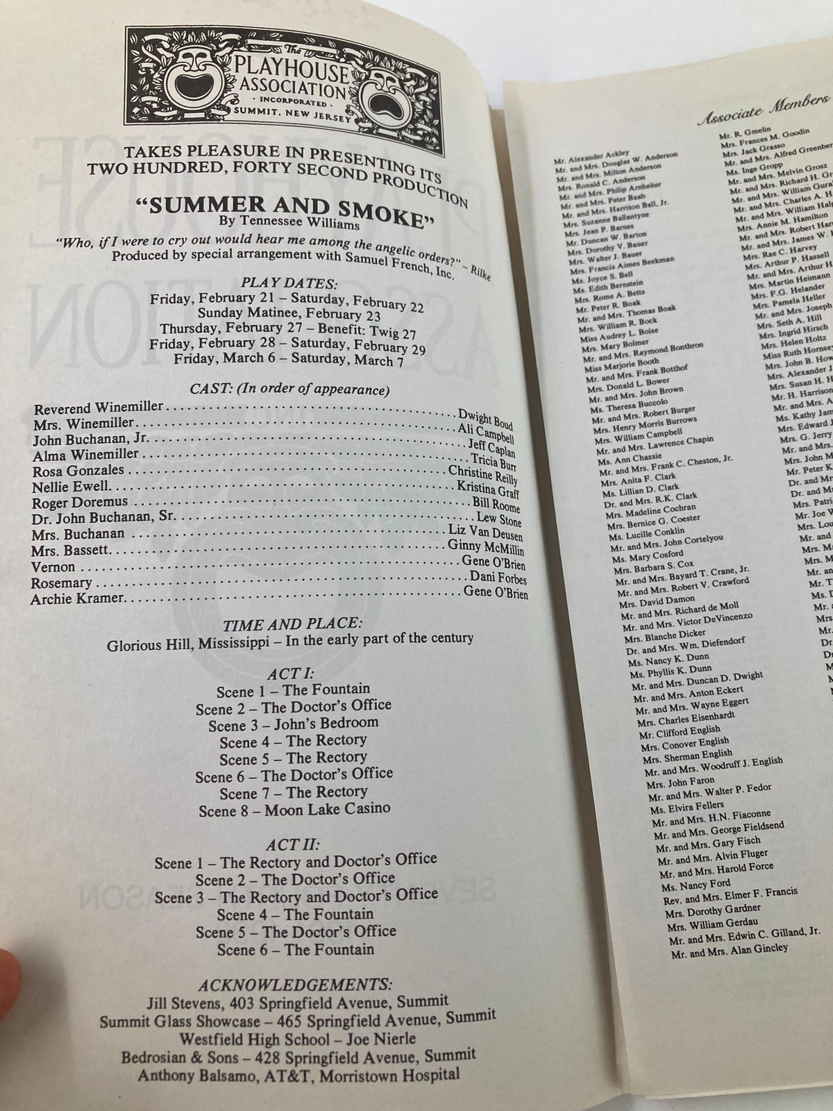 1992 Program for The Playhouse Association's production of 'Summer and Smoke' by Tennessee Williams, featuring the cast list and scene details, showcasing the theatrical program in good condition with minor wear, plus plastic protective covering.