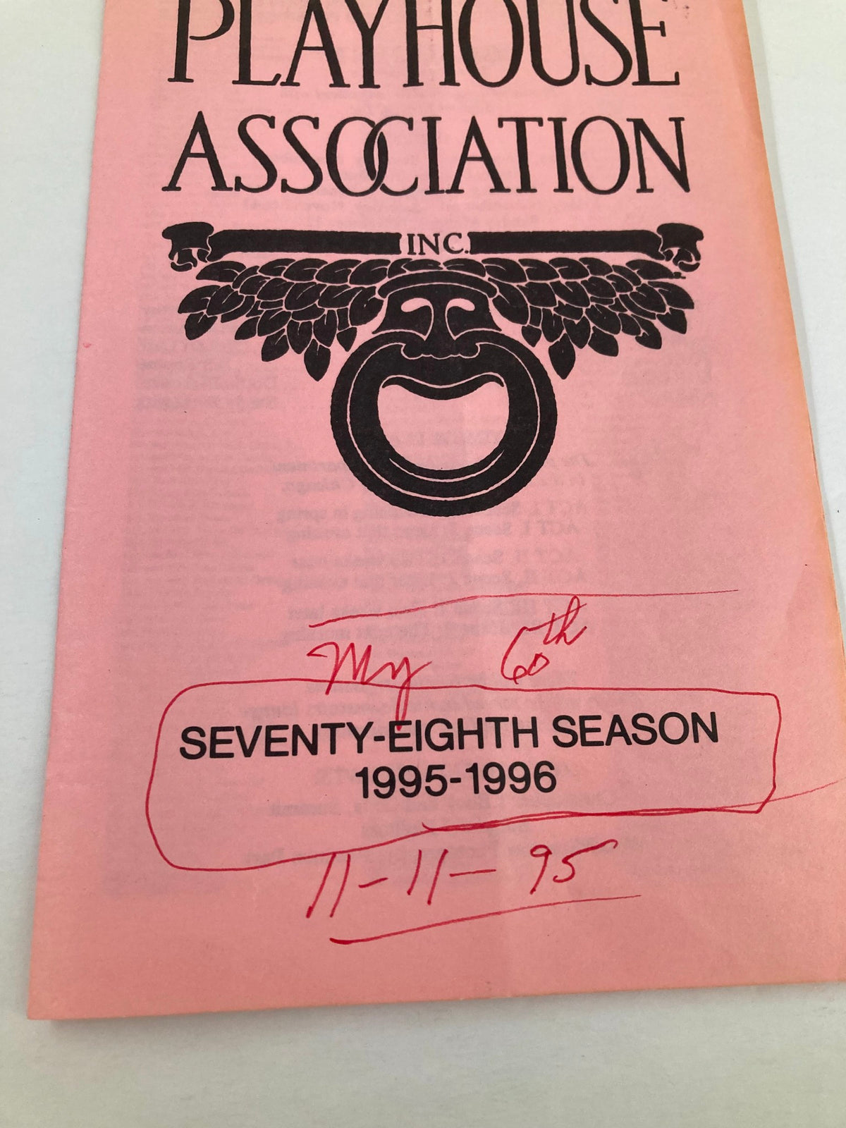 Close-up of the 1995 Program The Playhouse Association Beau Jest by James Sherman, showing handwritten notes on the cover.