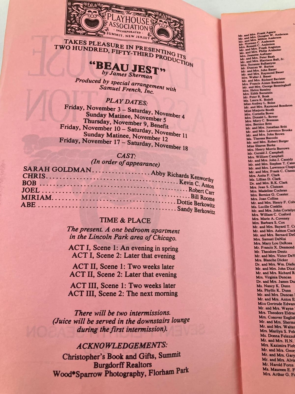 Inside page of the 1995 Program The Playhouse Association Beau Jest by James Sherman detailing the play's schedule and cast information.