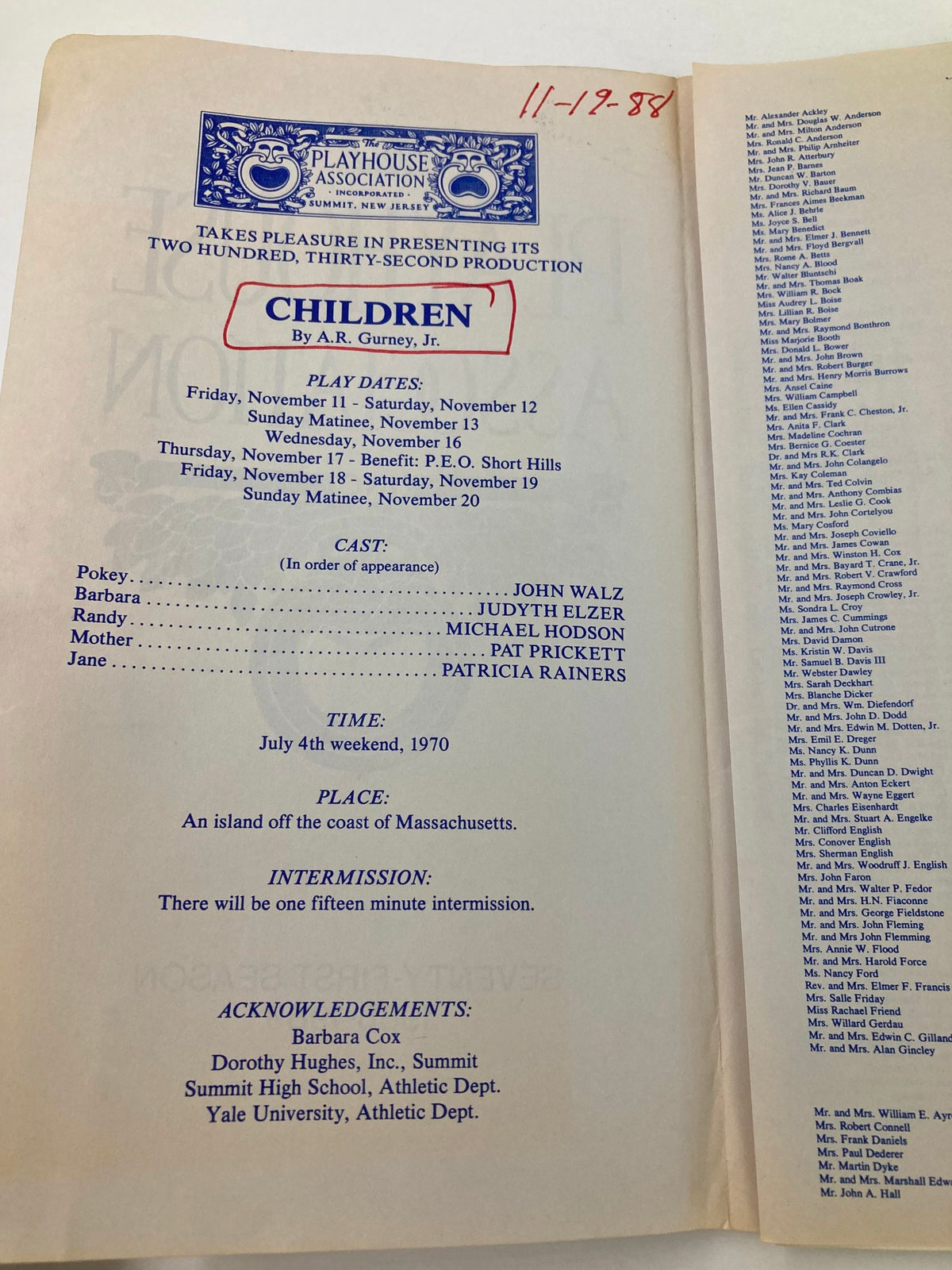 Interior page of the 1988 Program 'The Playhouse Association Children by A.R. Gurney Jr.', detailing the play dates and cast for the production.