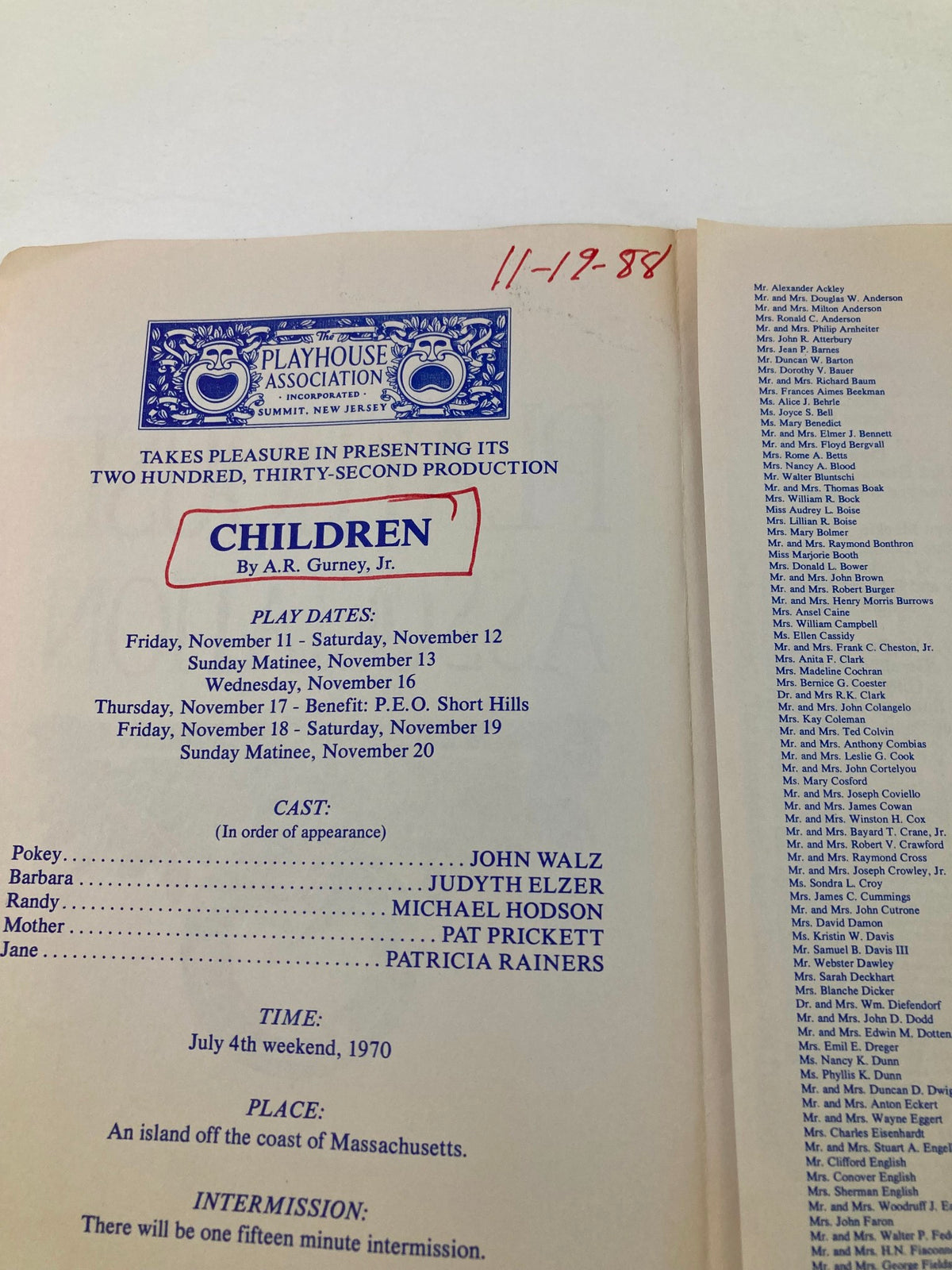 Another interior page of the 1988 Program 'The Playhouse Association Children by A.R. Gurney Jr.', listing cast members and performance details.